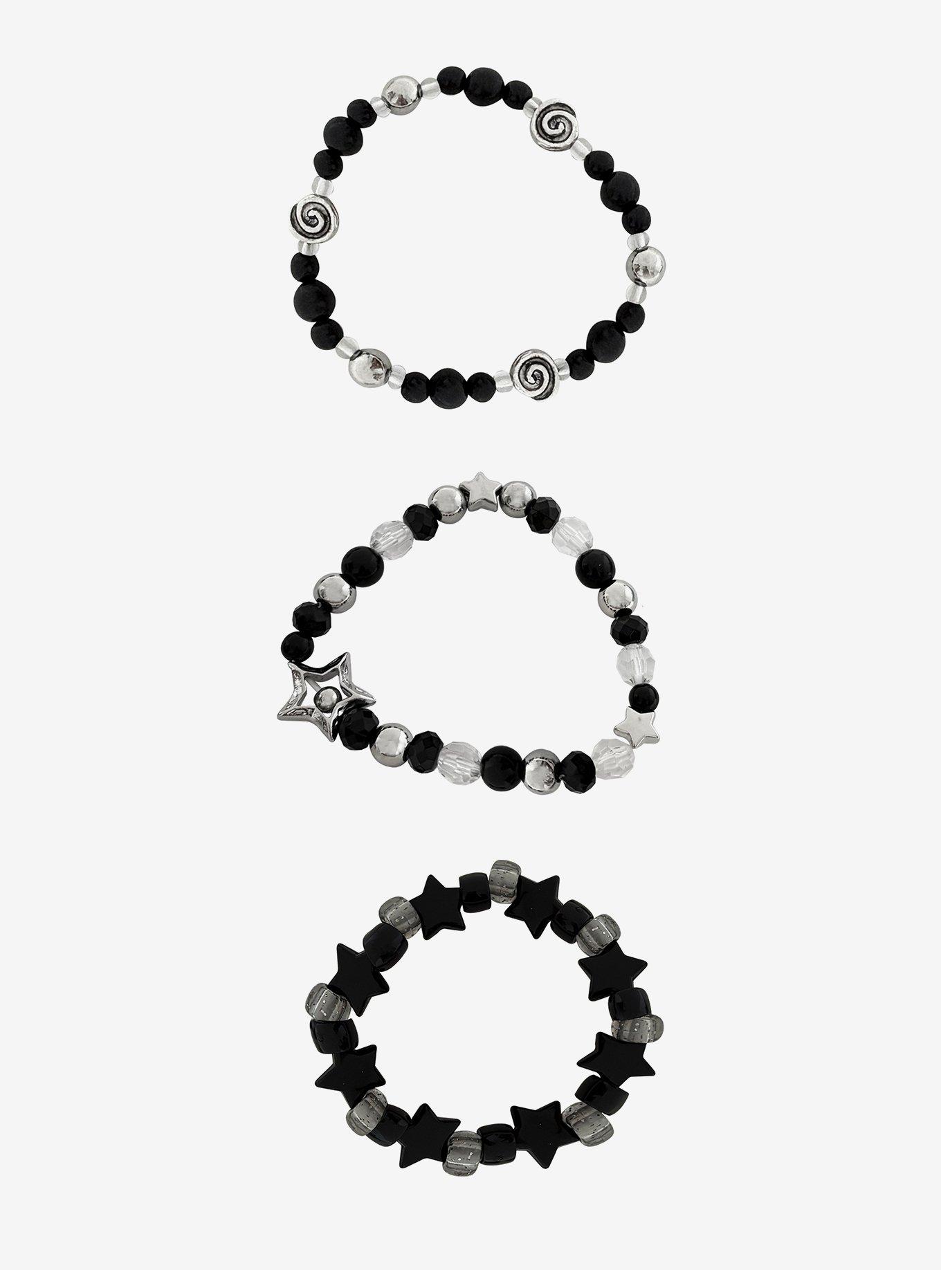 Black & Grey Spiral Star Bead Bracelet Set, , hi-res