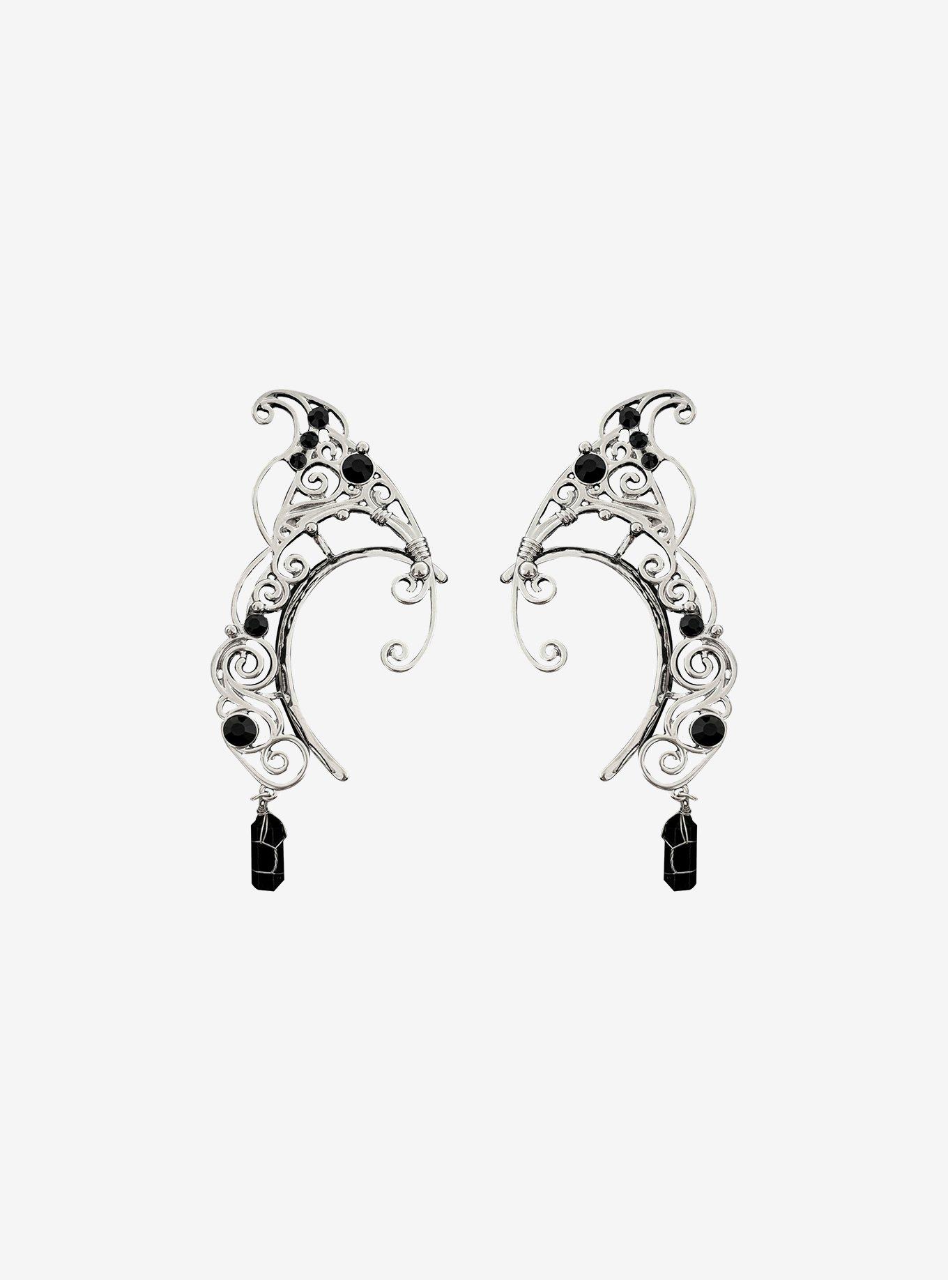 Thorn & Fable Silver Filigree Black Gem Ear Cuffs, , hi-res