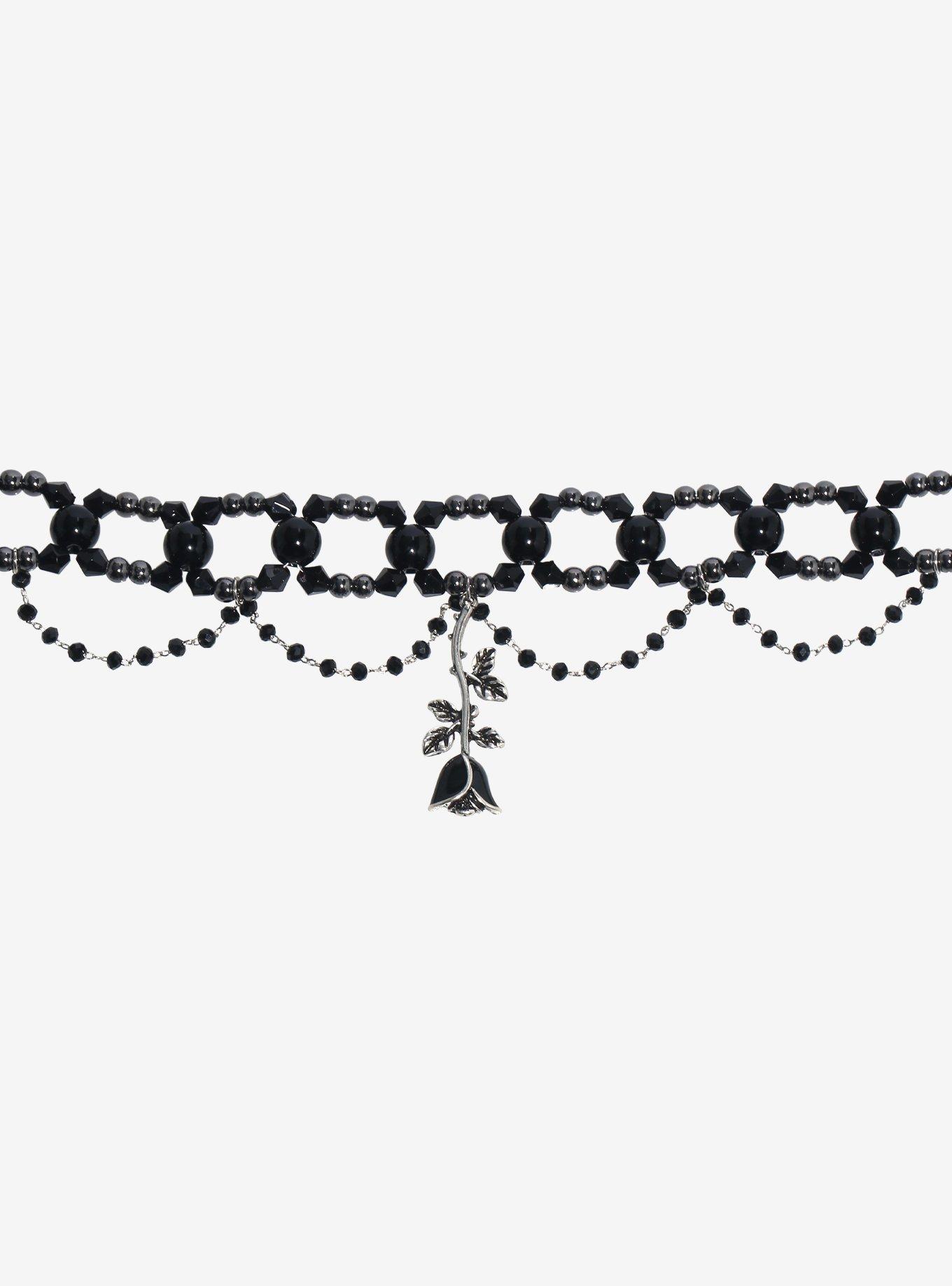 Thorn & Fable Black Rose Beaded Choker, , hi-res