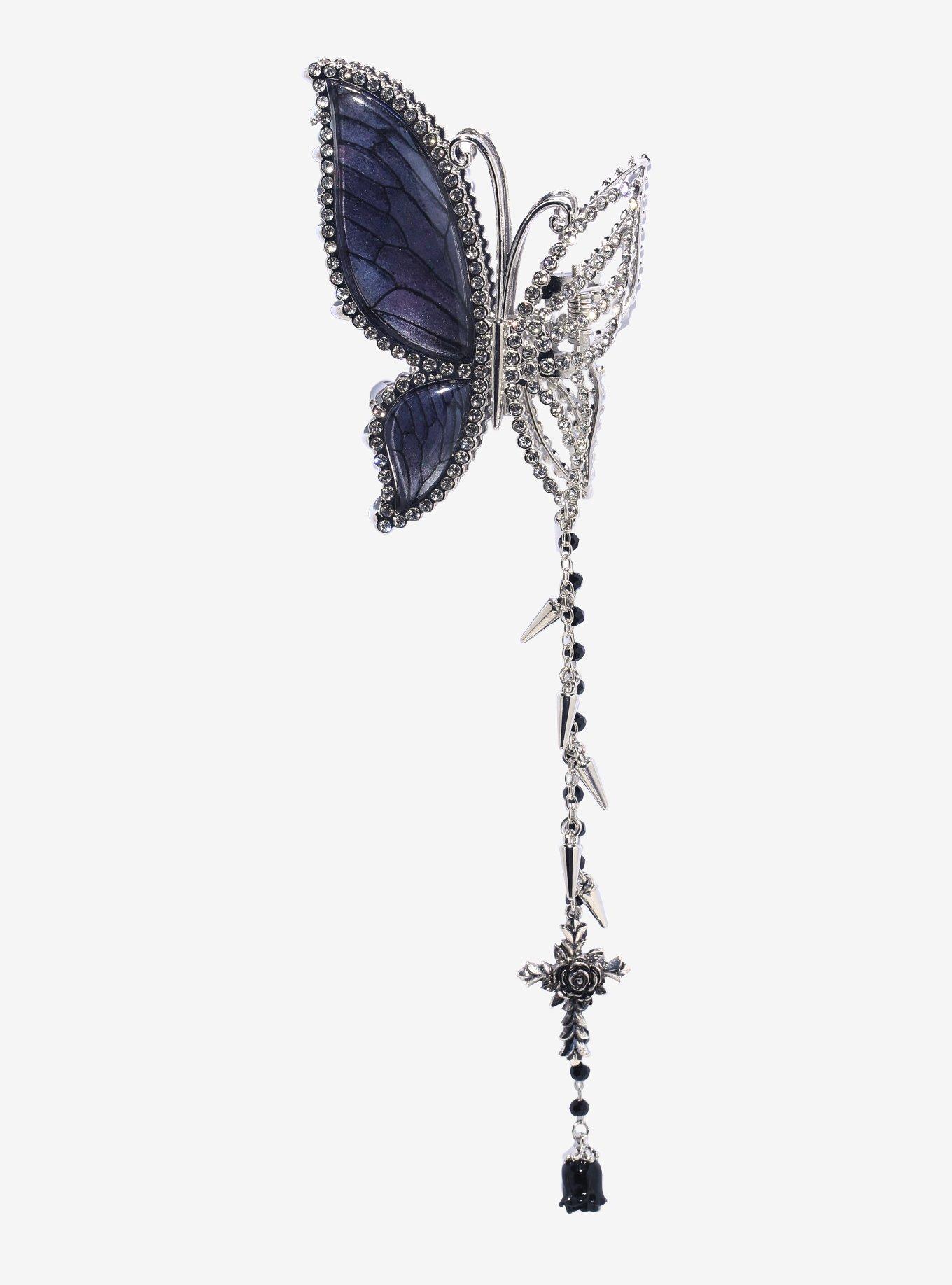 Thorn & Fable Black Rhinestone Chain Butterfly Claw Hair Clip, , hi-res