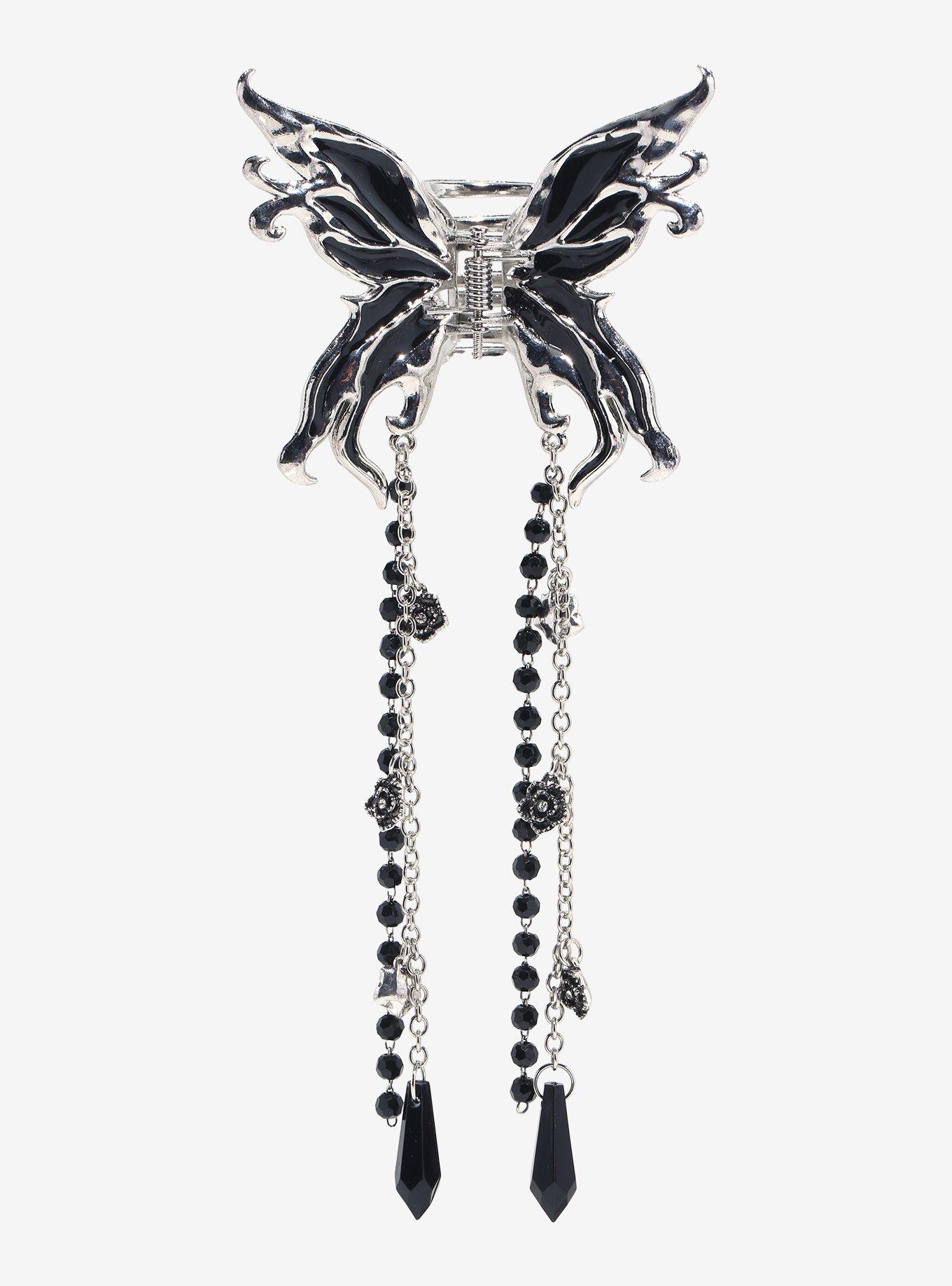 Thorn & Fable Black Grunge Chain Butterfly Claw Hair Clip, , hi-res