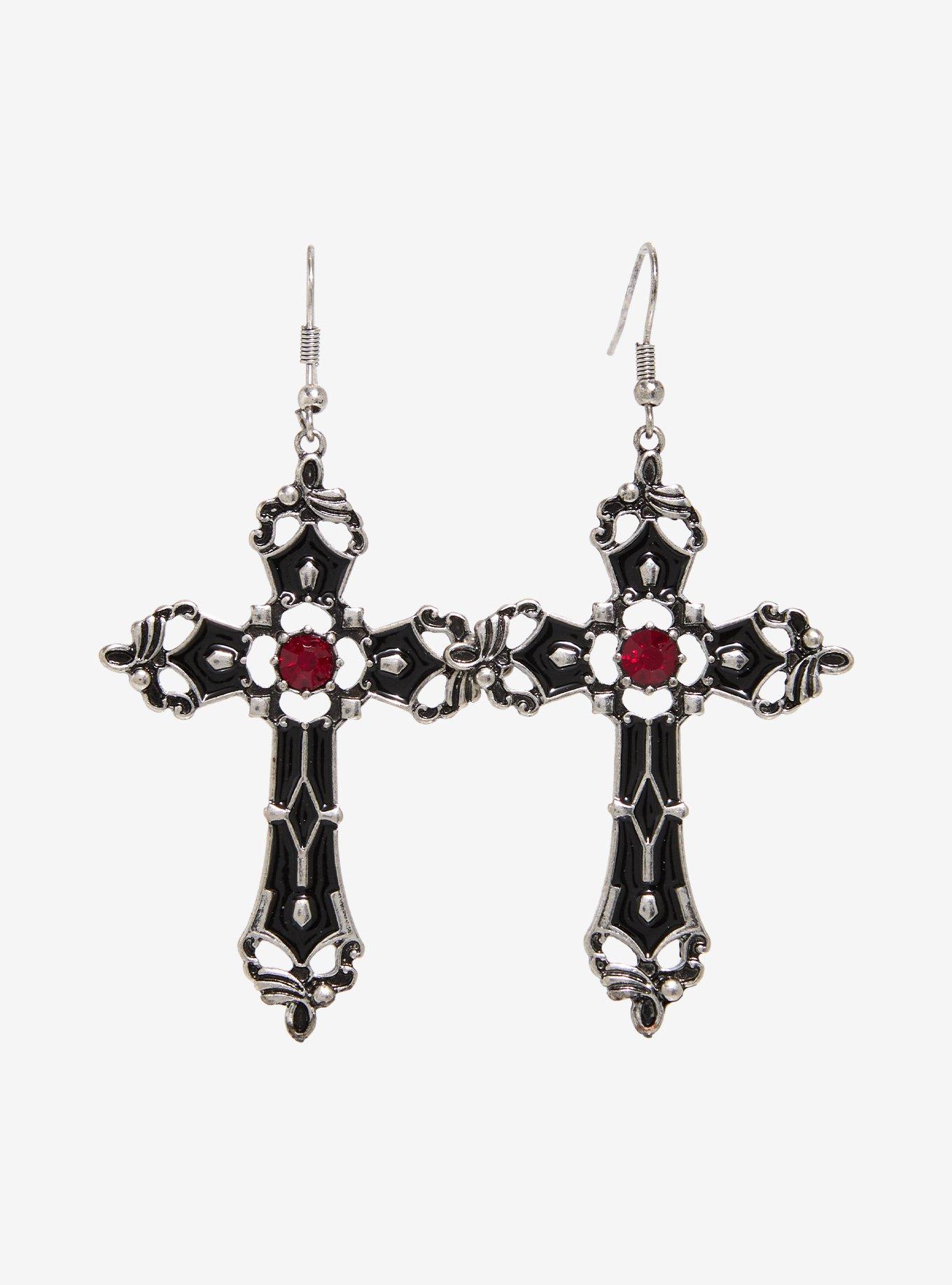 Gothic Cross Red Gem Statement Earrings, , hi-res
