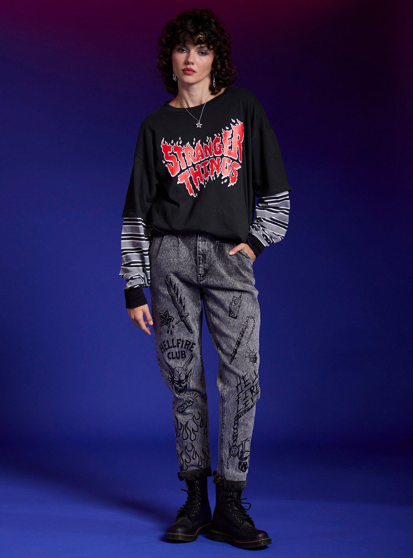 Stranger Things Hellfire Club Icons Acid Wash Mom Jeans, , hi-res