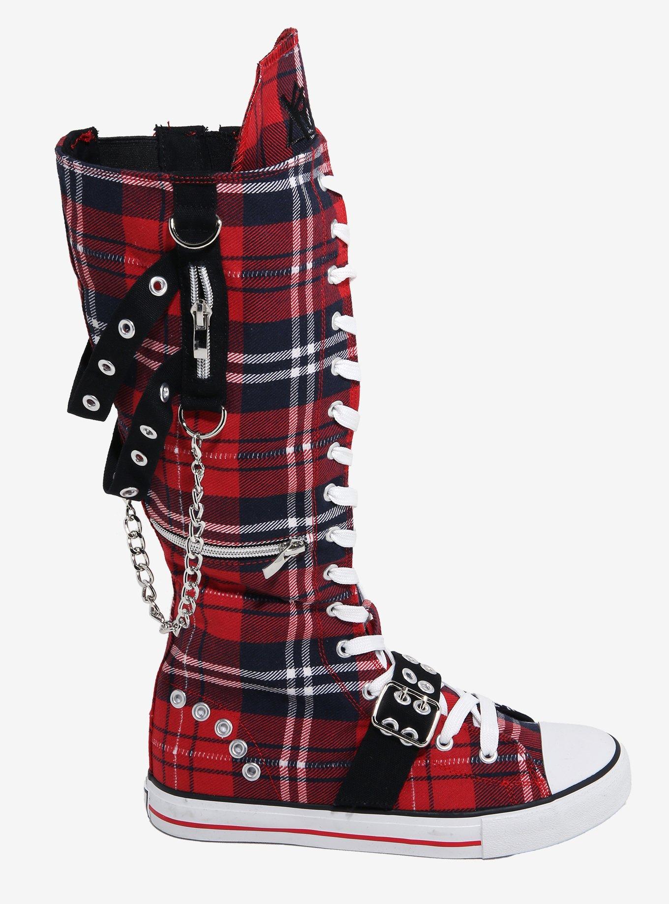 YRU Red Plaid Rawr Knee-High Lace-Up Sneakers, MULTI, alternate
