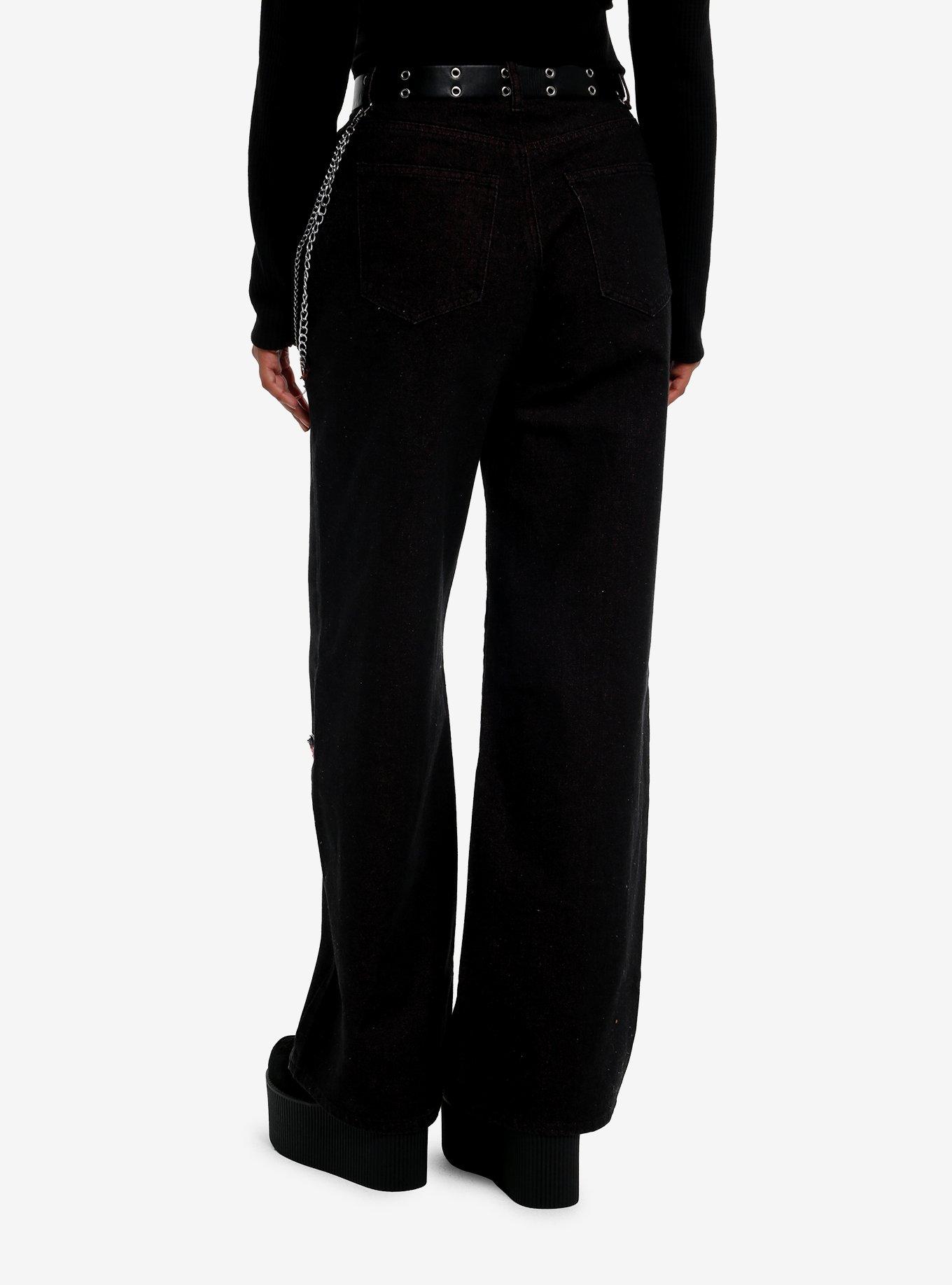 Black Pink Heart & Star Distressed Belted Wide Leg Jeans, , hi-res