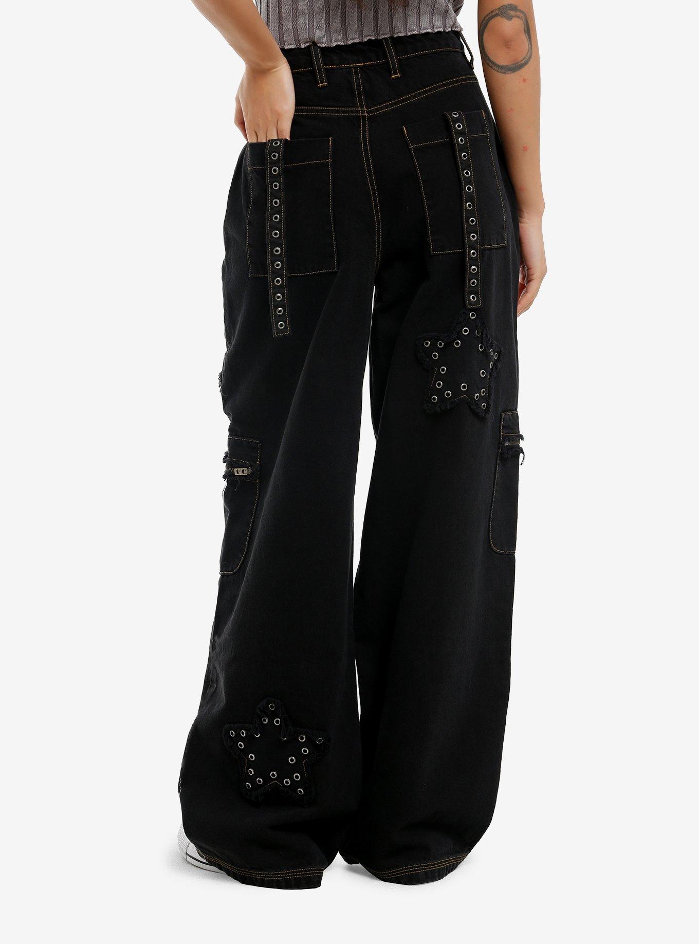 Black Grommet Star Patch Cargo Pants, , hi-res