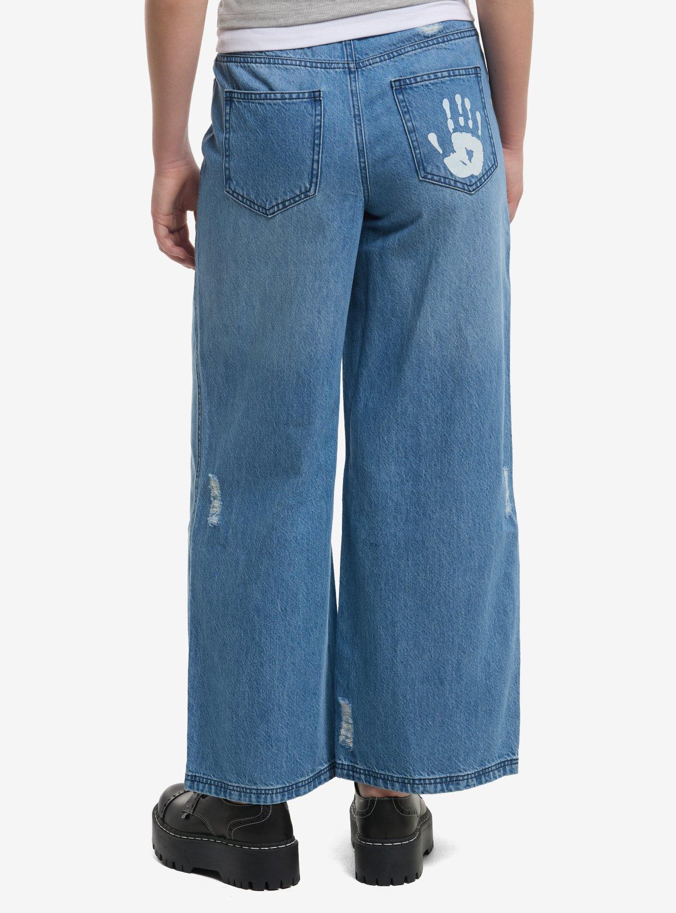 Light Indigo Handprint Destructed Wide Leg Jeans, , hi-res