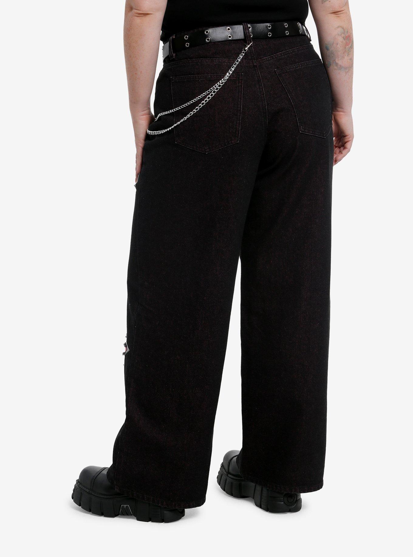 Black Pink Heart & Star Distressed Belted Wide Leg Jeans Plus Size, , hi-res