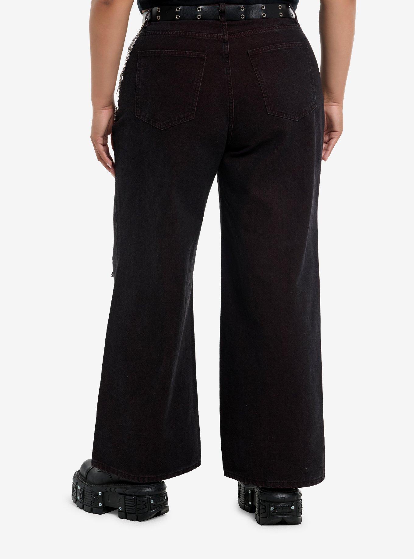 Red & Black Distressed Wide Leg Belted Jeans With Side Chain Plus Size, , hi-res