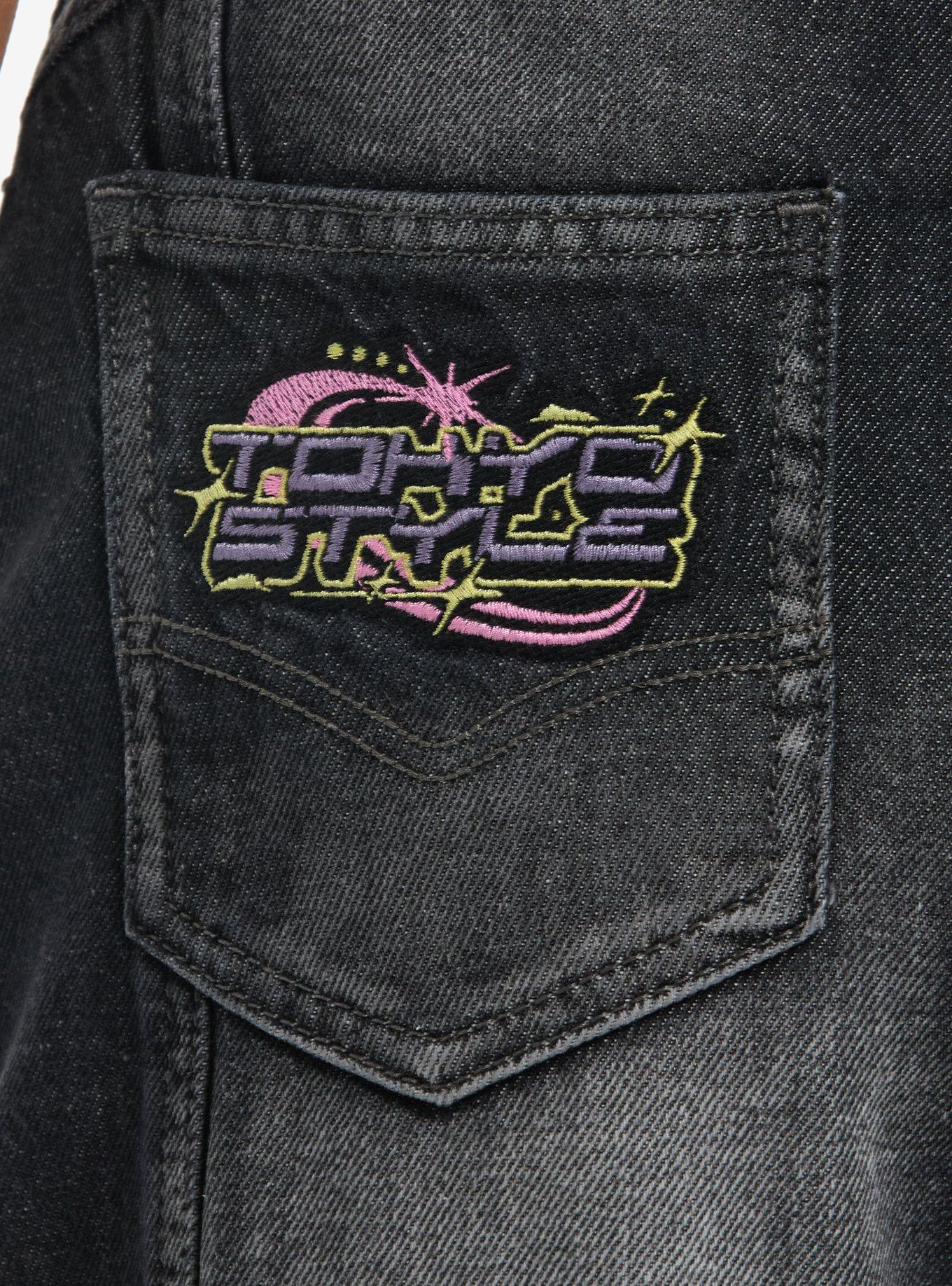 Pink Stars Tokyo Style Dark Wash Baggy Jeans, BLUE, alternate