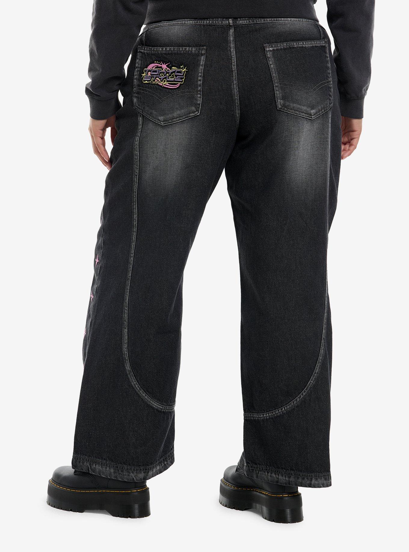 Pink Stars Tokyo Style Dark Wash Baggy Jeans Plus Size, , hi-res
