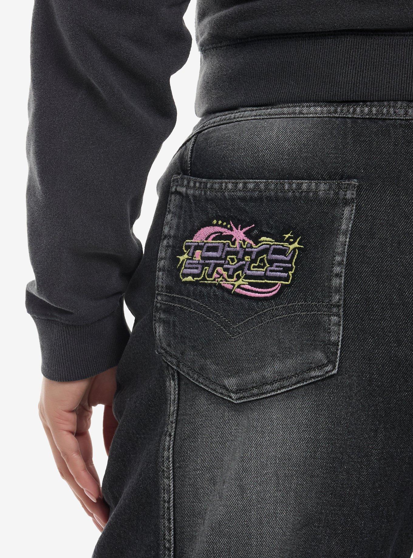 Pink Stars Tokyo Style Dark Wash Baggy Jeans Plus Size, BLUE, alternate