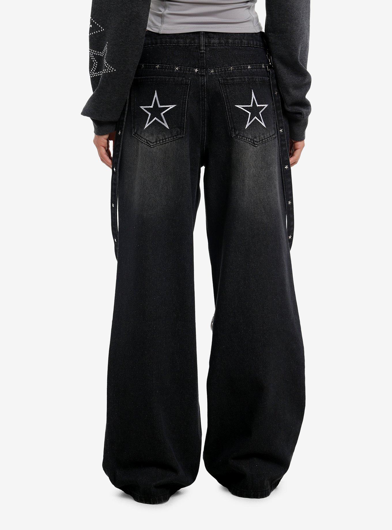 Black Wash Star Distressed Suspender Girls Wide Leg Jeans, , hi-res