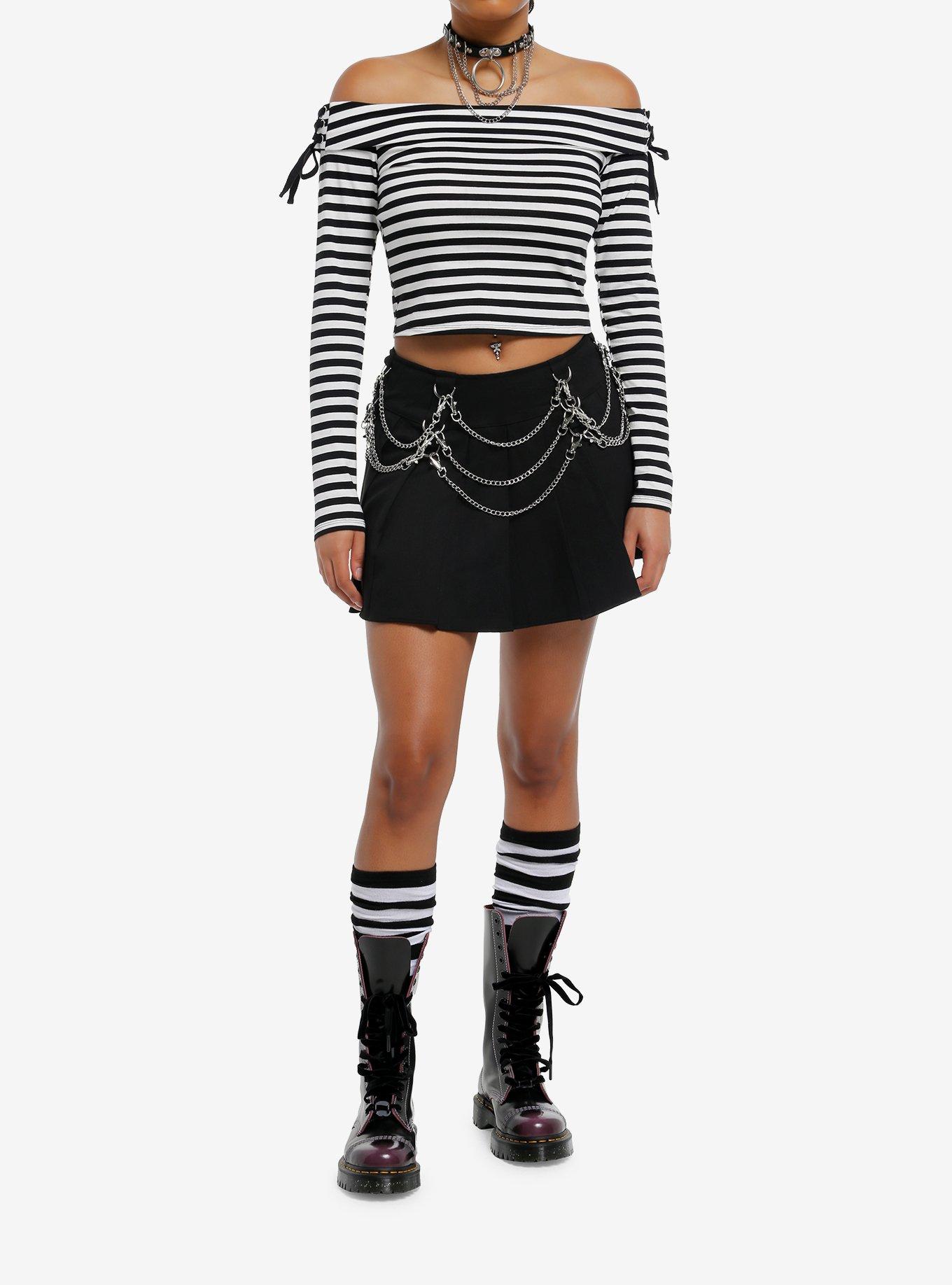 Social Collision Black & White Stripe Off-The-Shoulder Girls Long-Sleeve Top, , hi-res