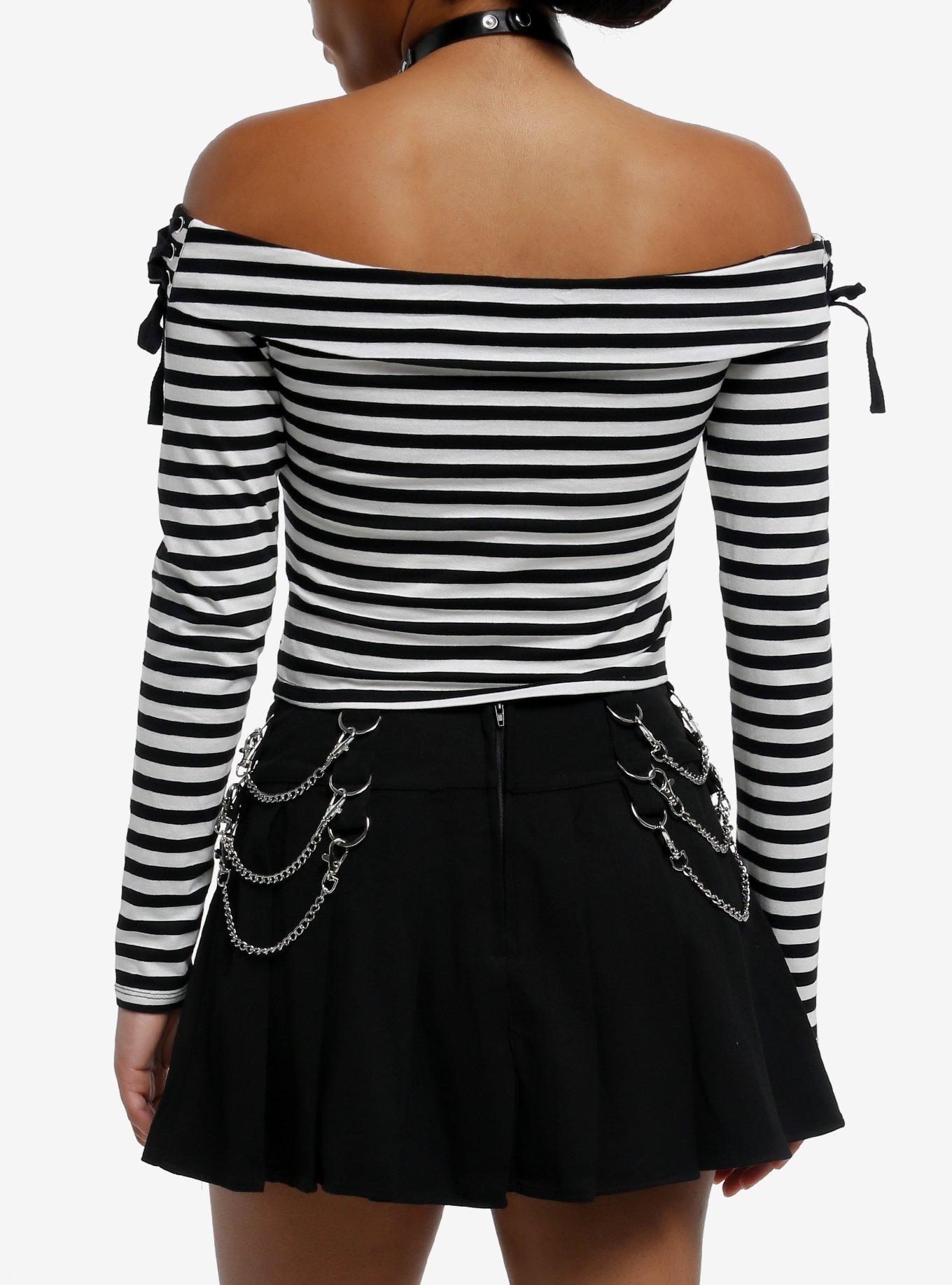 Social Collision Black & White Stripe Off-The-Shoulder Girls Long-Sleeve Top, LIME  BLACK, alternate
