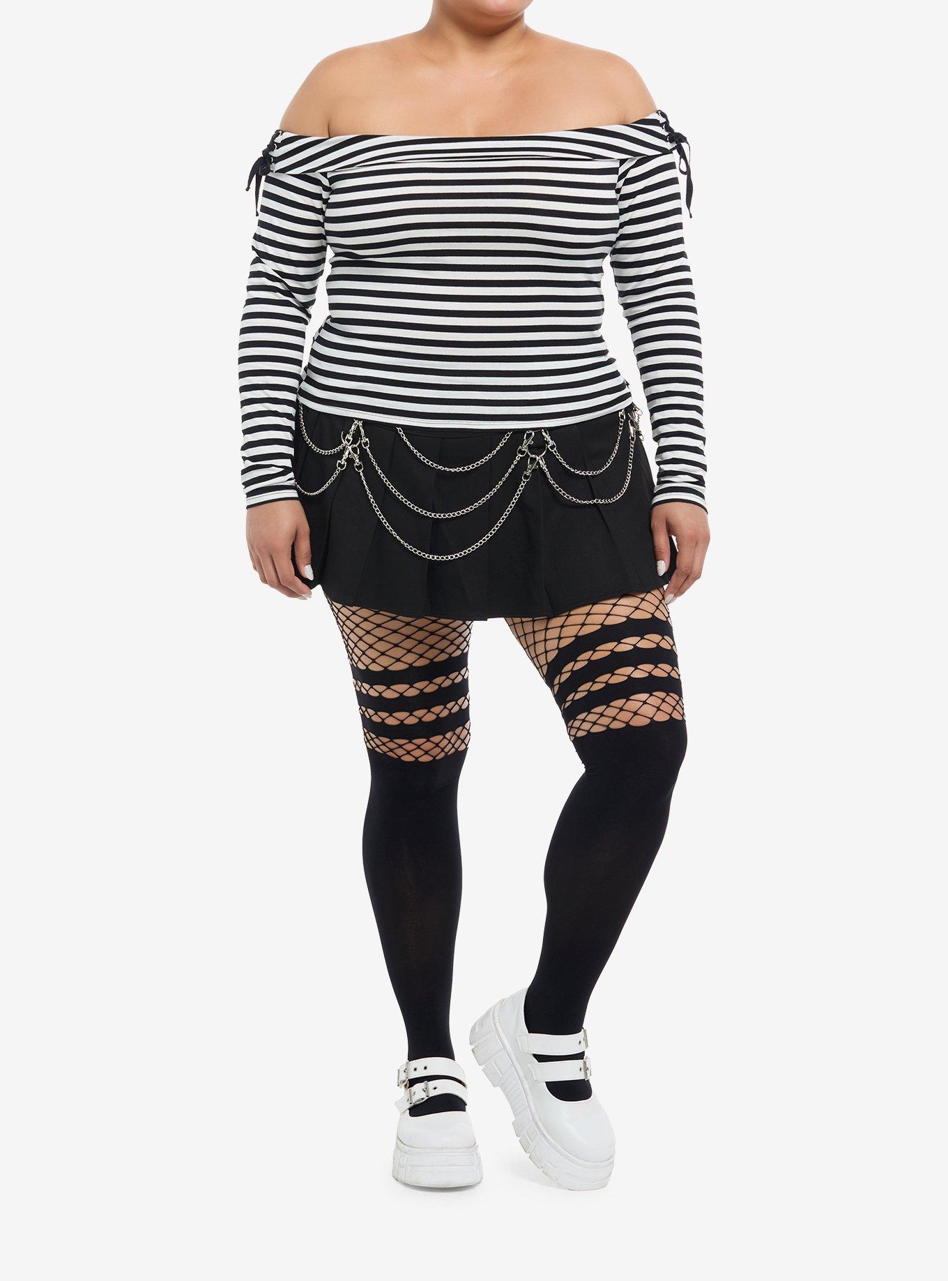 Social Collision Black & White Stripe Off-The-Shoulder Girls Long-Sleeve Top Plus Size, , hi-res