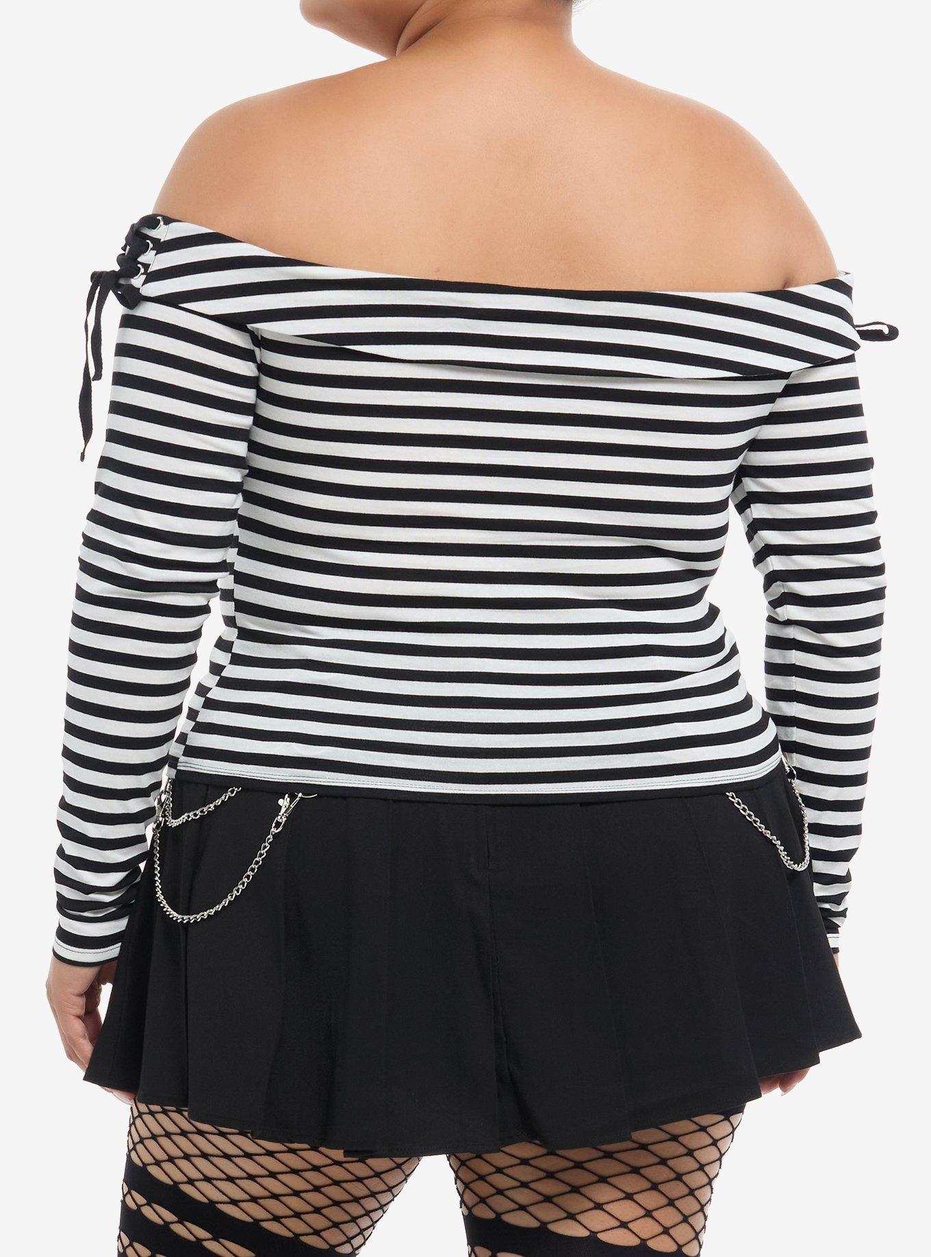 Social Collision Black & White Stripe Off-The-Shoulder Girls Long-Sleeve Top Plus Size, LIME  BLACK, alternate