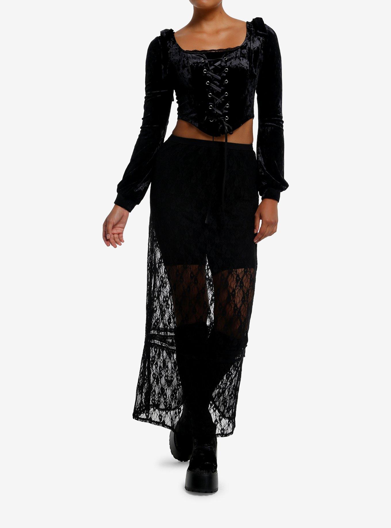 Cosmic Aura Black Velvet Lace-Up Girls Crop Long-Sleeve Top, , hi-res