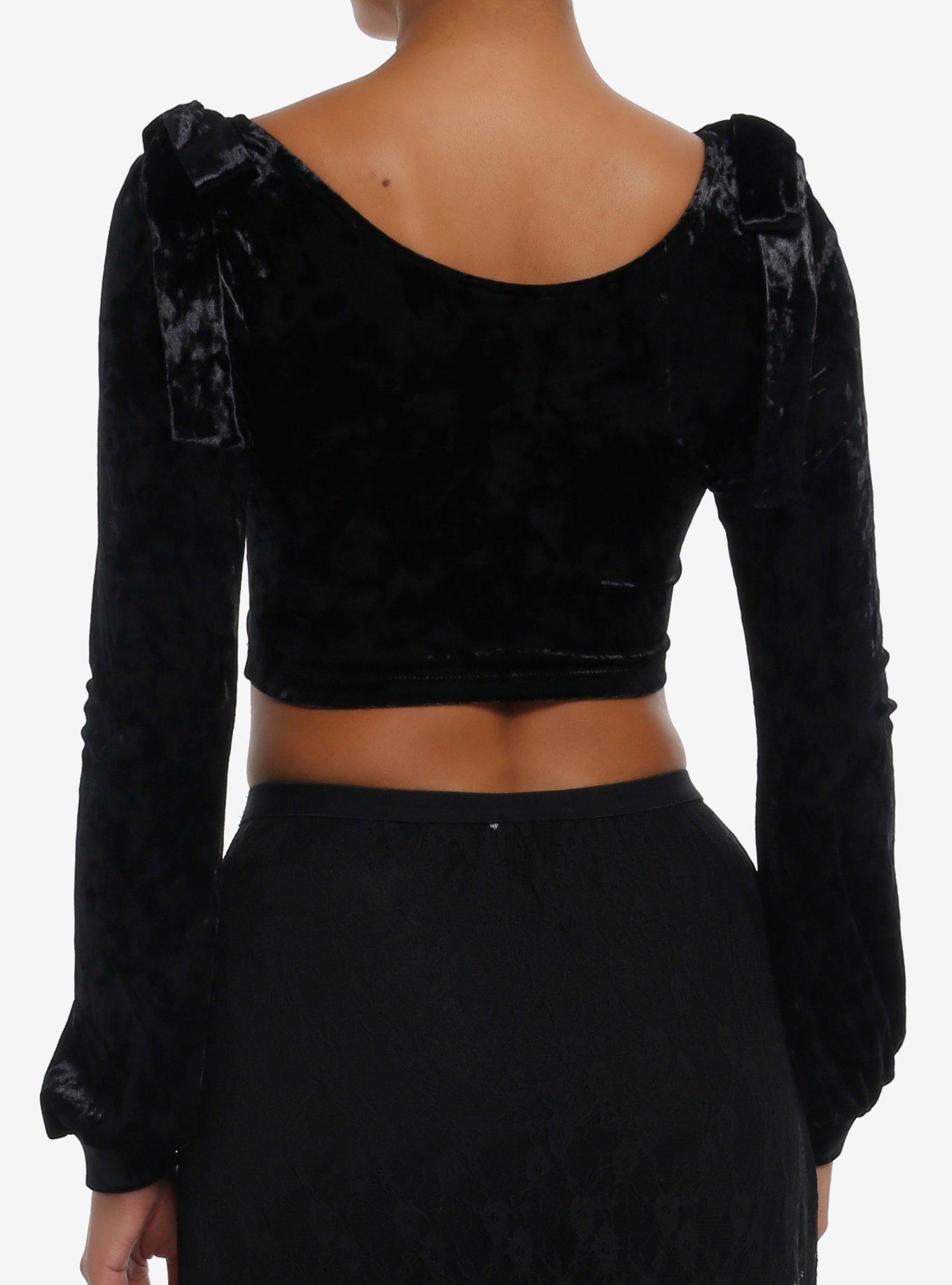 Cosmic Aura Black Velvet Lace-Up Girls Crop Long-Sleeve Top, BLACK, alternate