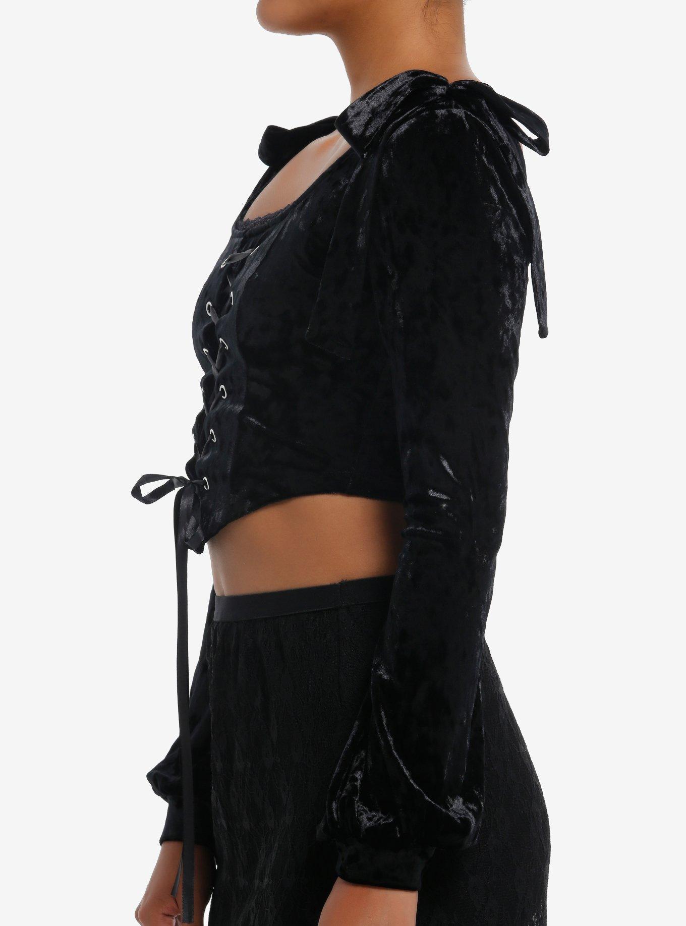 Cosmic Aura Black Velvet Lace-Up Girls Crop Long-Sleeve Top, BLACK, alternate