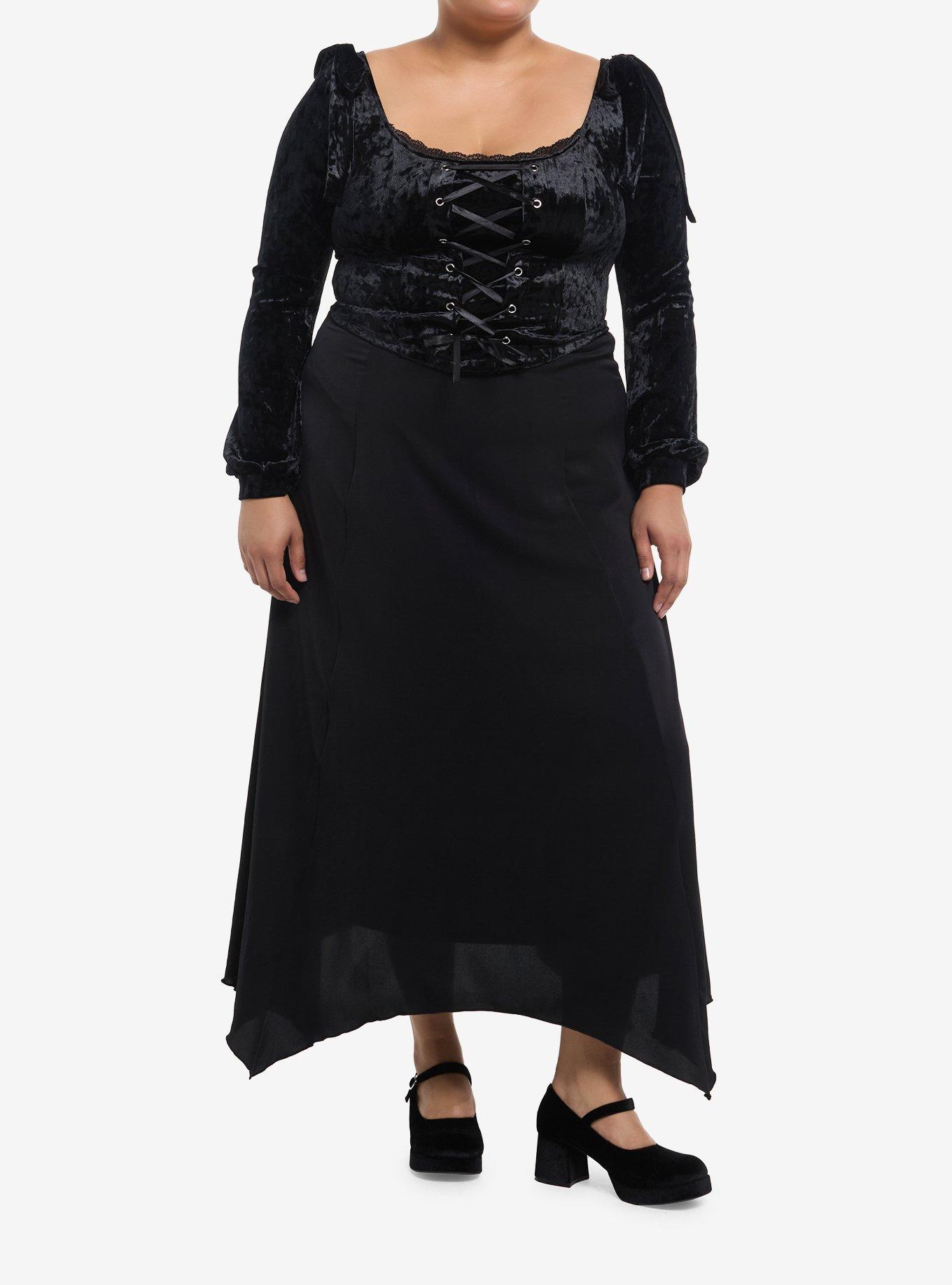 Cosmic Aura Black Velvet Lace-Up Girls Crop Long-Sleeve Top Plus Size, , hi-res
