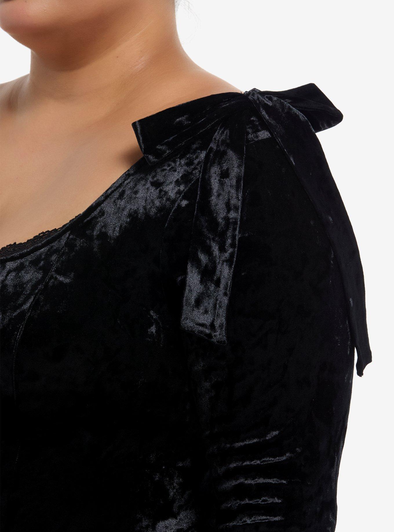 Cosmic Aura Black Velvet Lace-Up Girls Crop Long-Sleeve Top Plus Size, BLACK, alternate