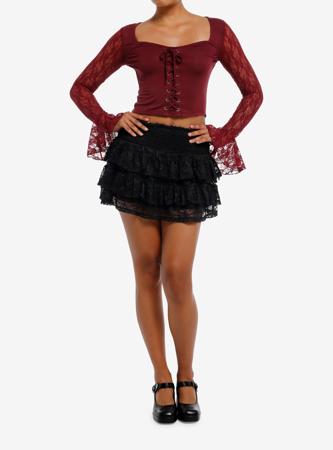 Cosmic Aura Burgundy Lace-Up Girls Crop Ruffle Long-Sleeve Top, , hi-res
