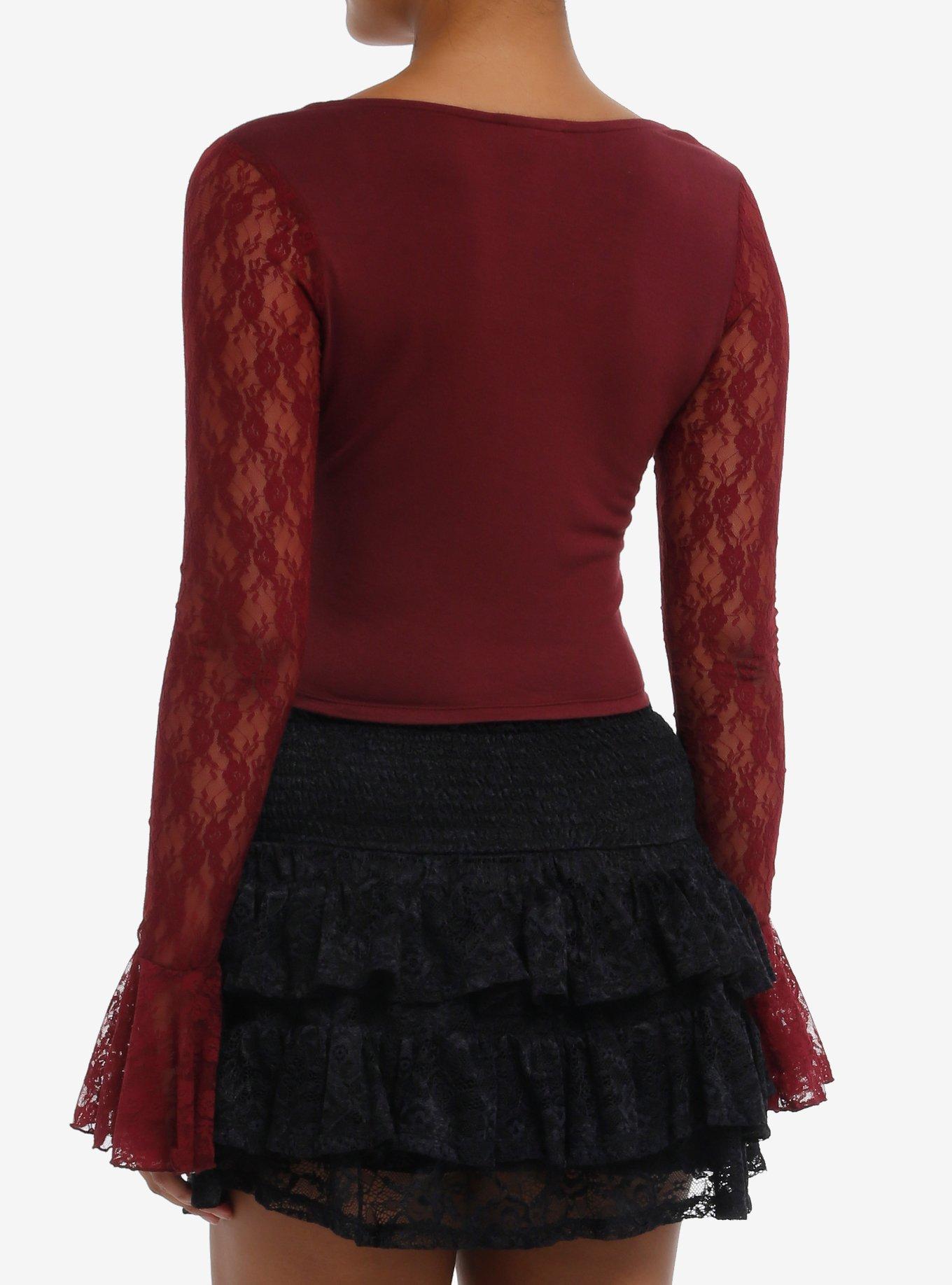 Cosmic Aura Burgundy Lace-Up Girls Crop Ruffle Long-Sleeve Top, RED, alternate