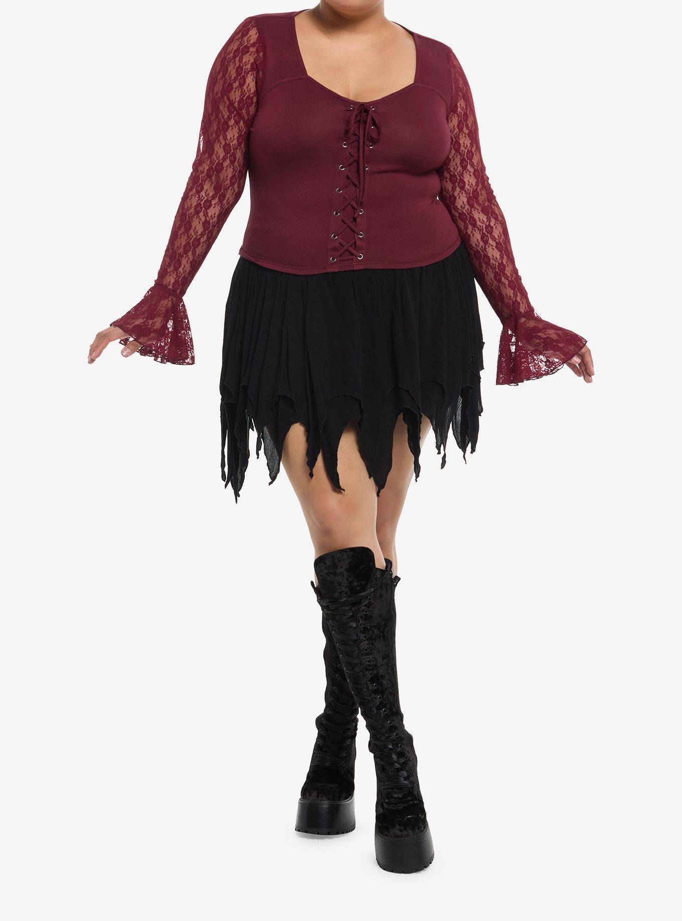 Cosmic Aura Burgundy Lace-Up Girls Crop Ruffle Long-Sleeve Top Plus Size, RED, alternate