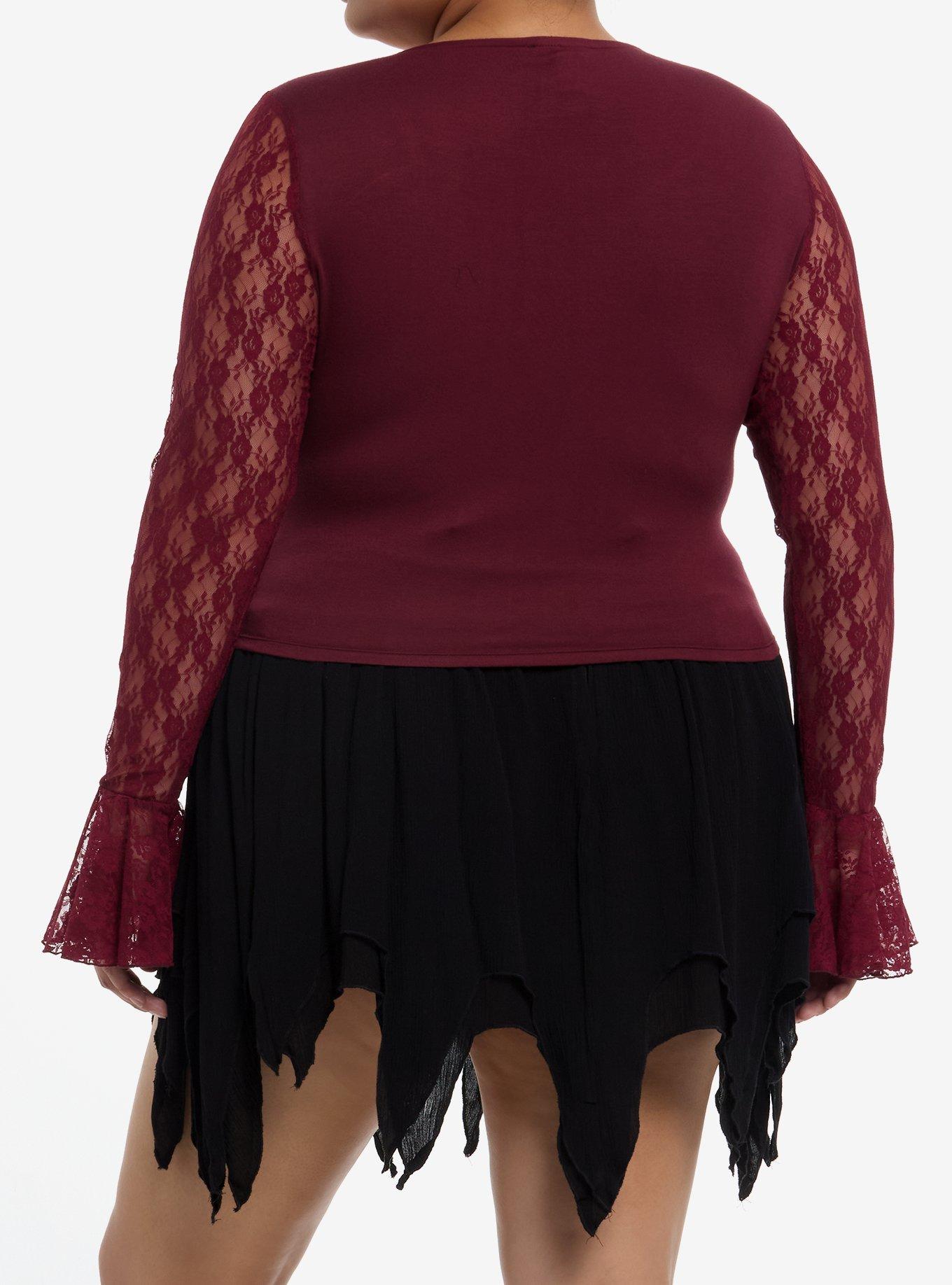 Cosmic Aura Burgundy Lace-Up Girls Crop Ruffle Long-Sleeve Top Plus Size, RED, alternate