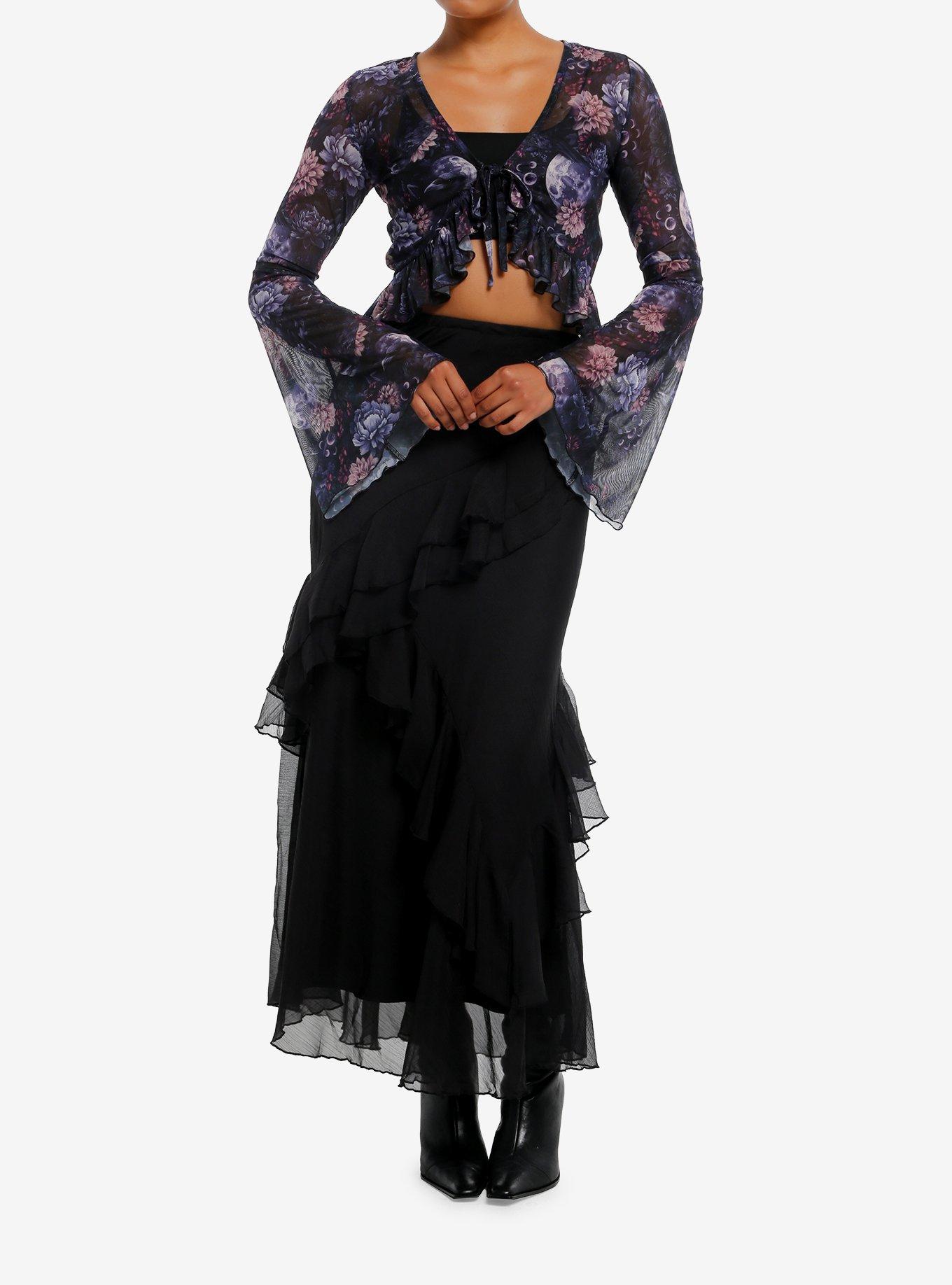 Cosmic Aura Dark Floral Ruffle Girls Bell Sleeve Shrug, , hi-res