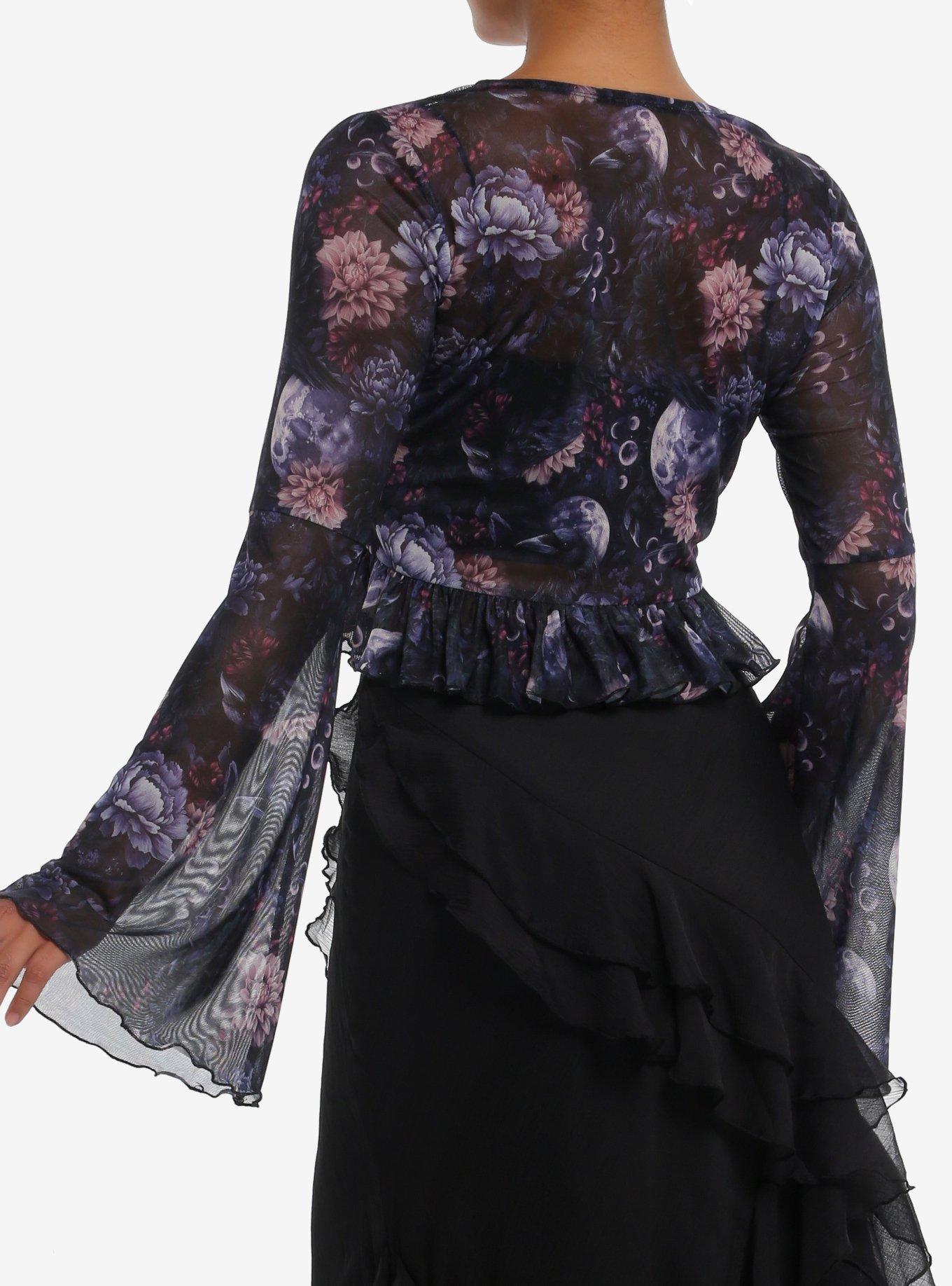 Cosmic Aura Dark Floral Ruffle Girls Bell Sleeve Shrug, MULTI, alternate