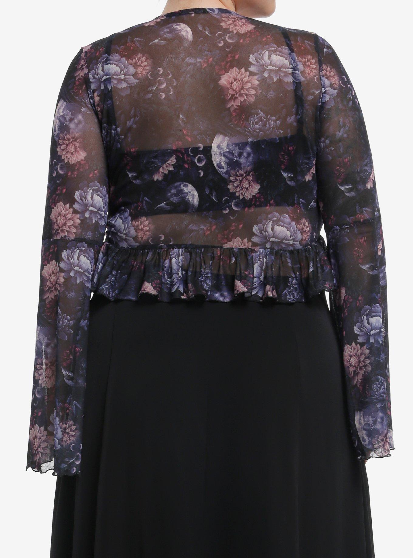 Cosmic Aura Dark Floral Ruffle Girls Bell Sleeve Shrug Plus Size, MULTI, alternate