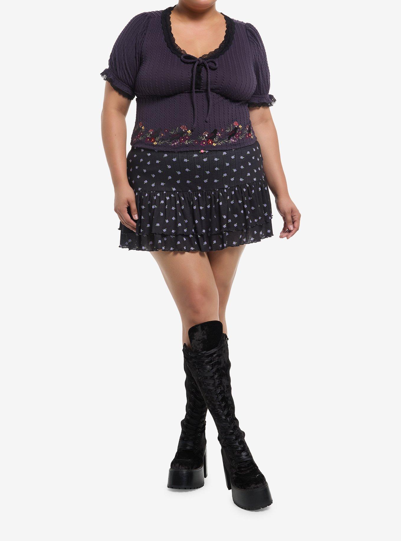 Cosmic Aura Purple Raven Floral Knit Girls Crop Top Plus Size, , hi-res