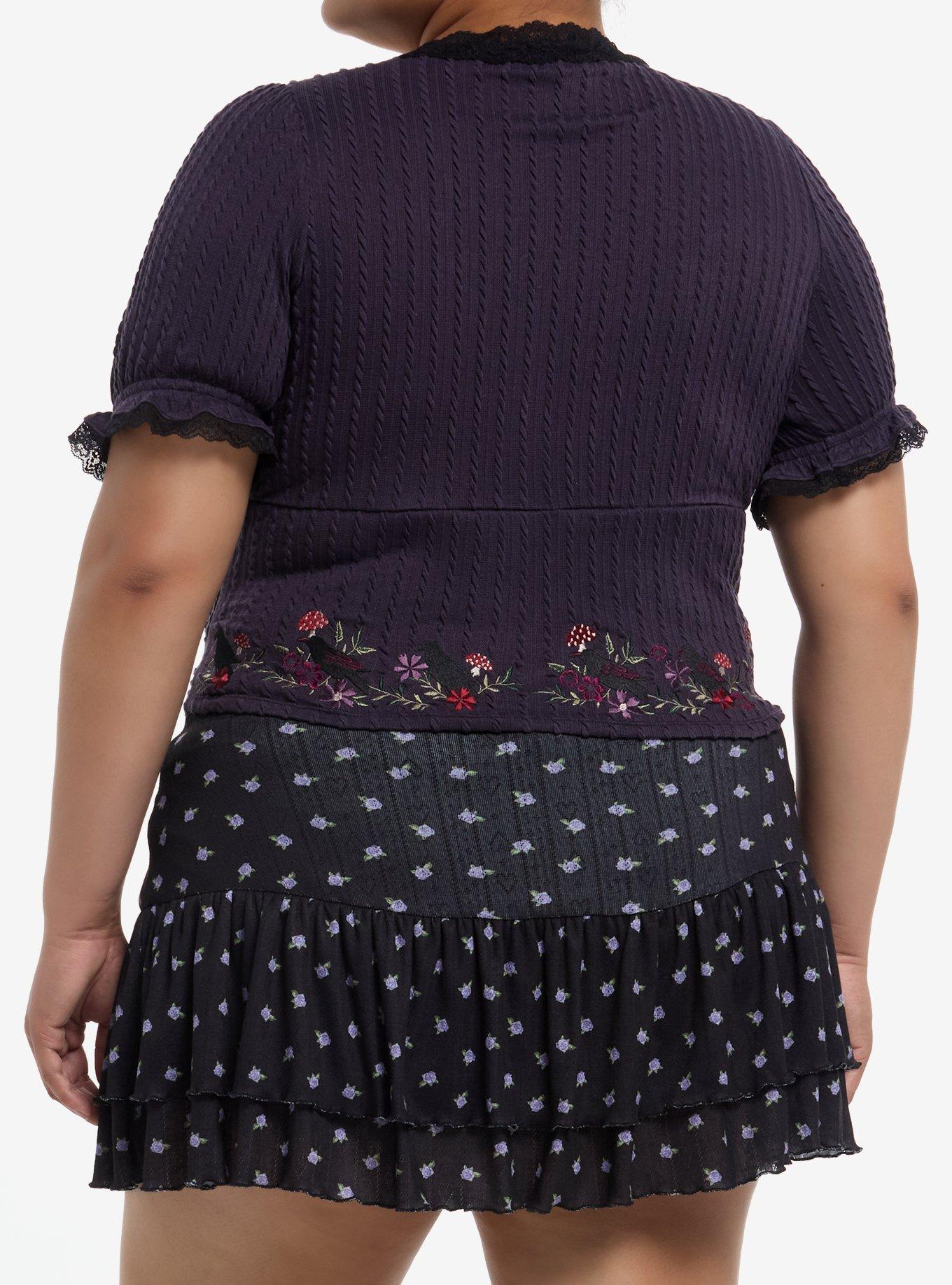 Cosmic Aura Purple Raven Floral Knit Girls Crop Top Plus Size, RED, alternate