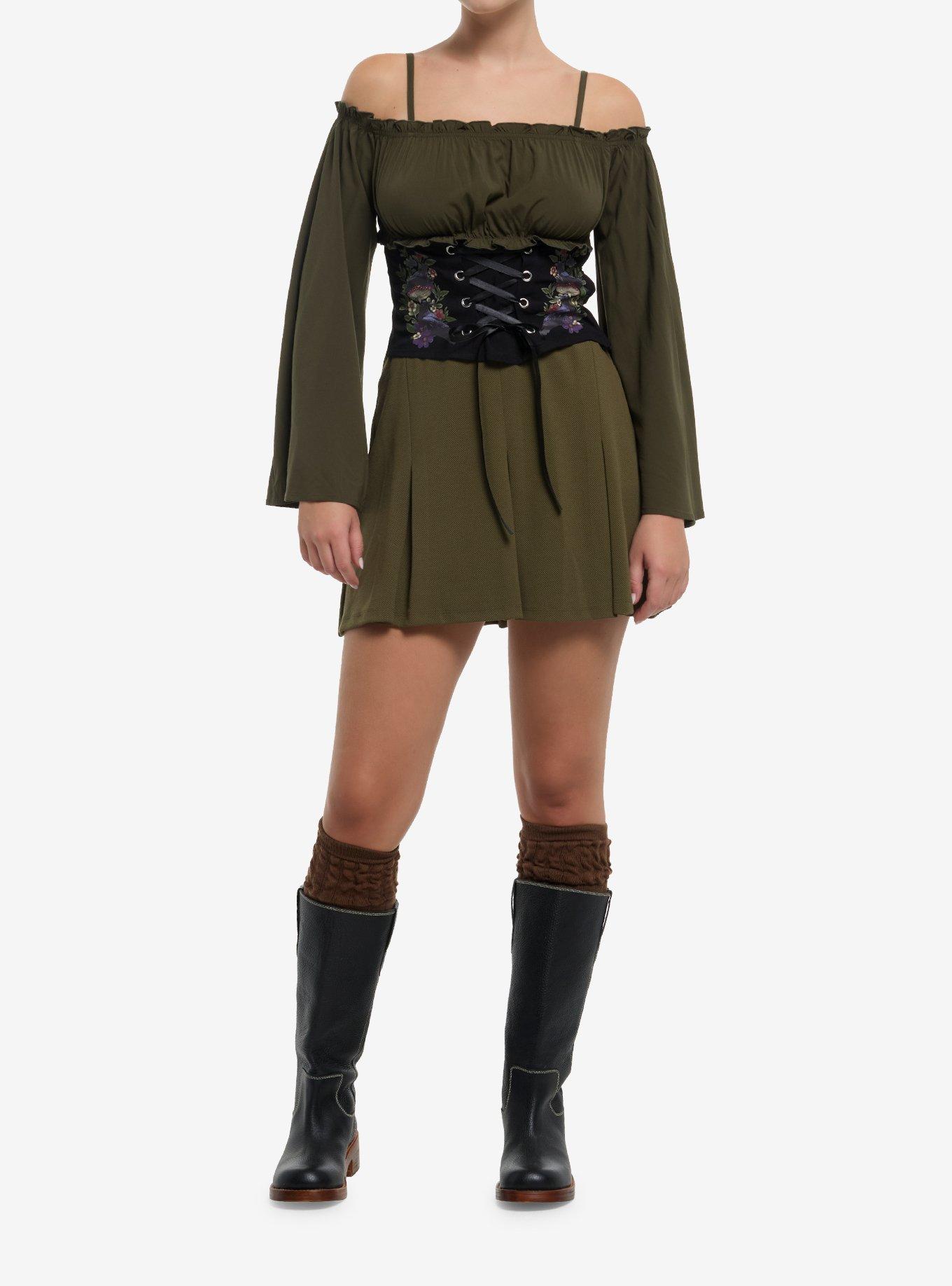 Cosmic Aura Green & Black Lace-Up Cold Shoulder Girls Bell Sleeve Top, , hi-res