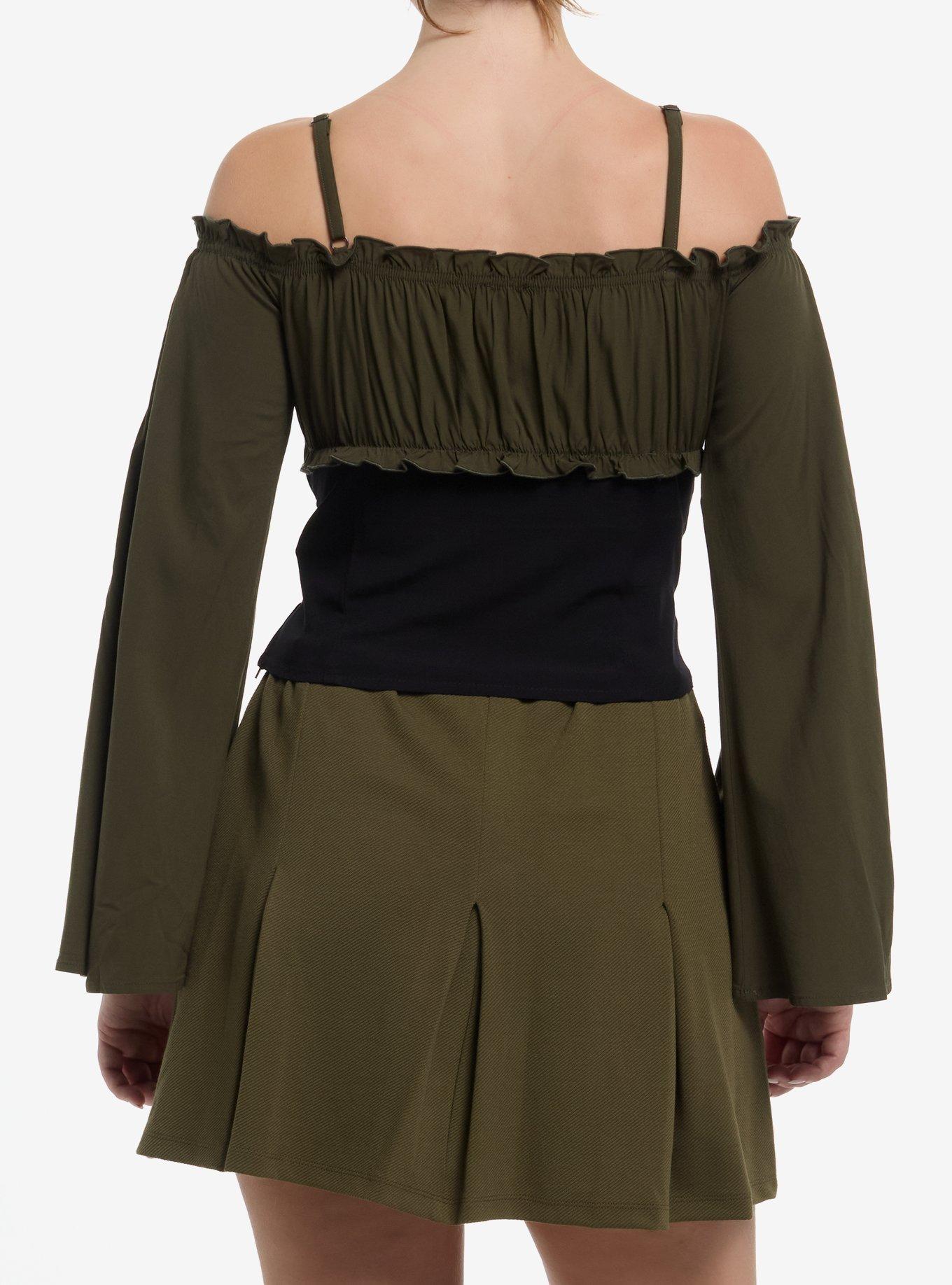 Cosmic Aura Green & Black Lace-Up Cold Shoulder Girls Bell Sleeve Top, BLACK, alternate