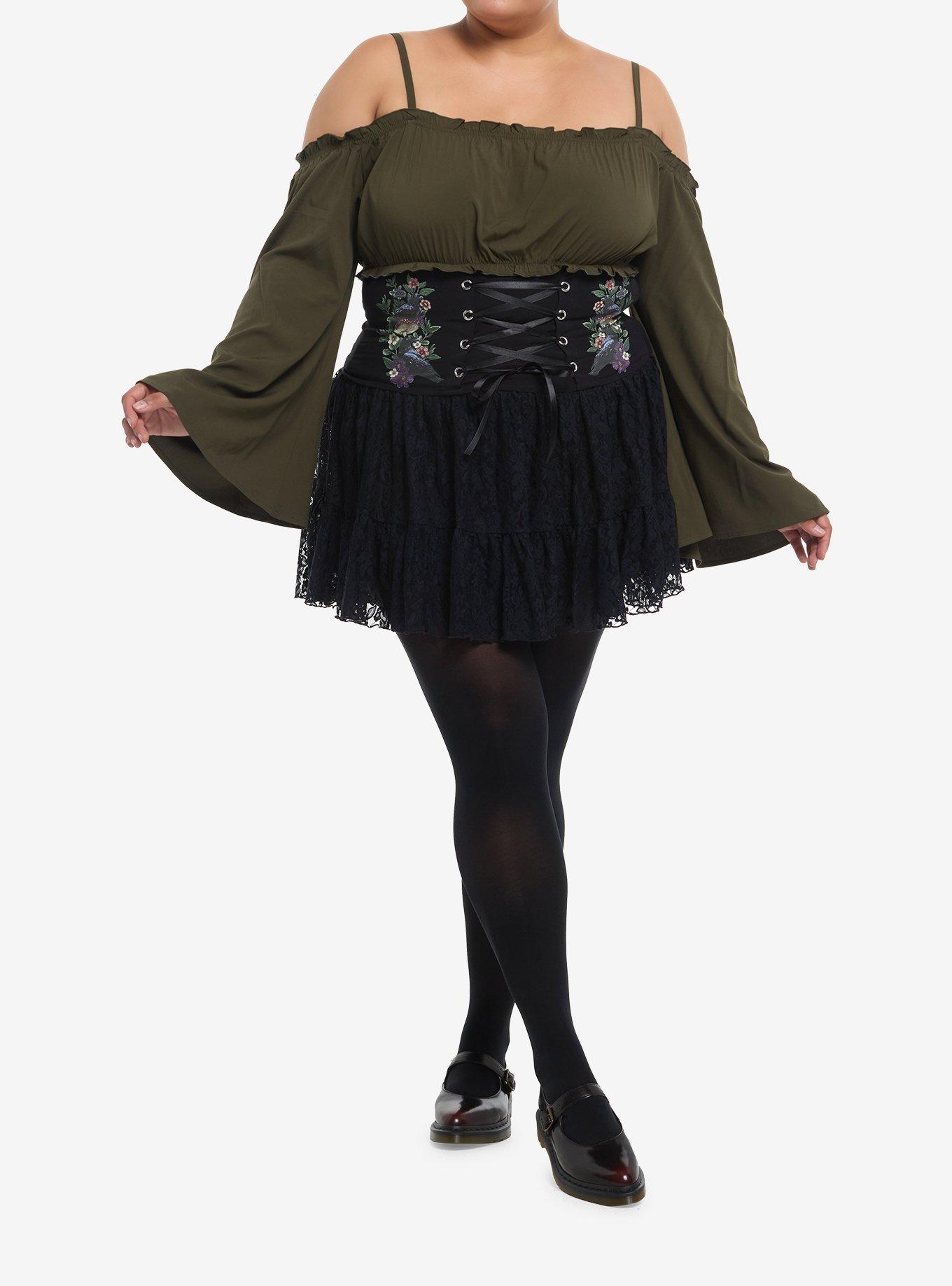 Cosmic Aura Green & Black Lace-Up Cold Shoulder Girls Bell Sleeve Top Plus Size, , hi-res