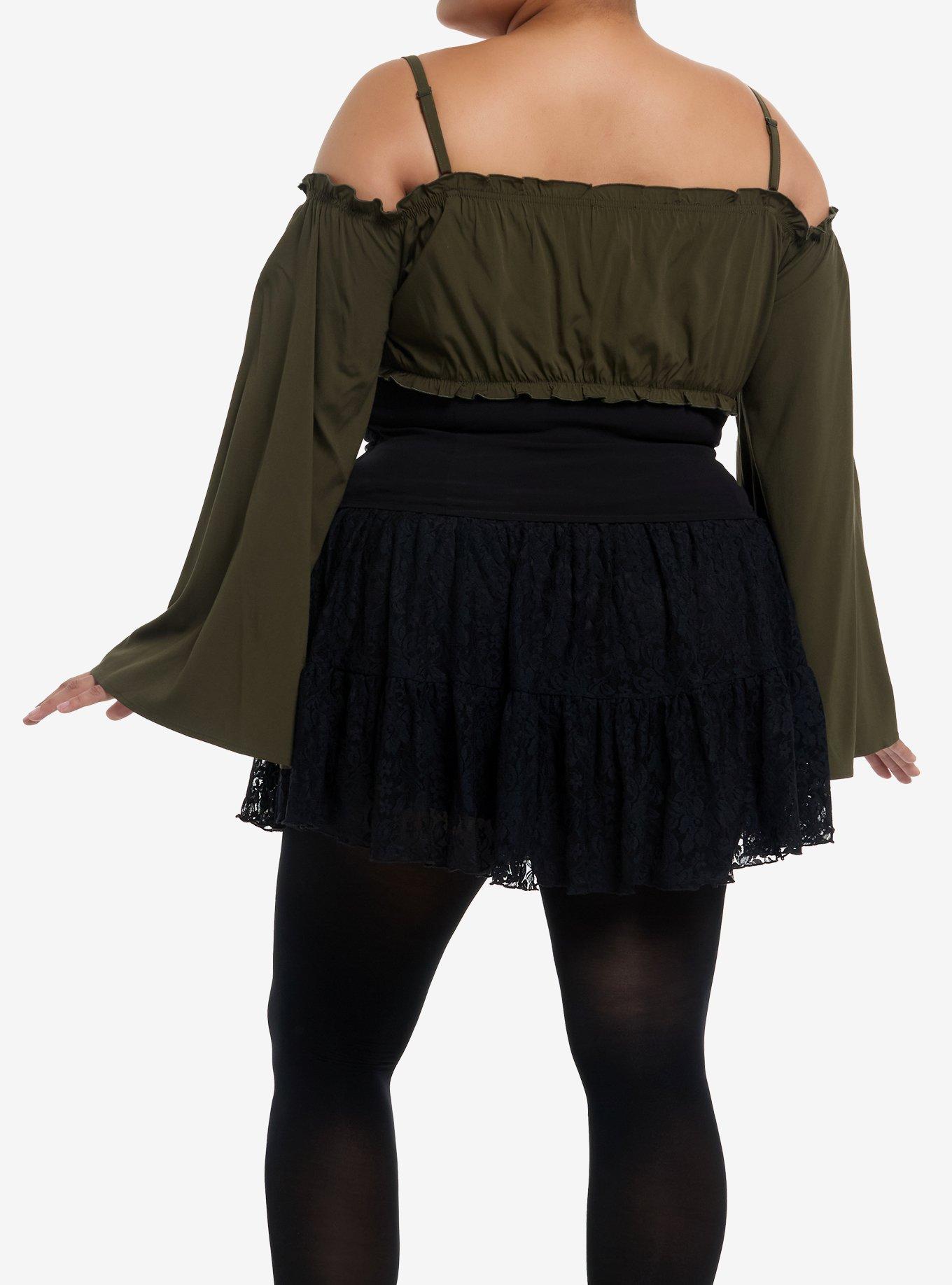 Cosmic Aura Green & Black Lace-Up Cold Shoulder Girls Bell Sleeve Top Plus Size, BLACK, alternate