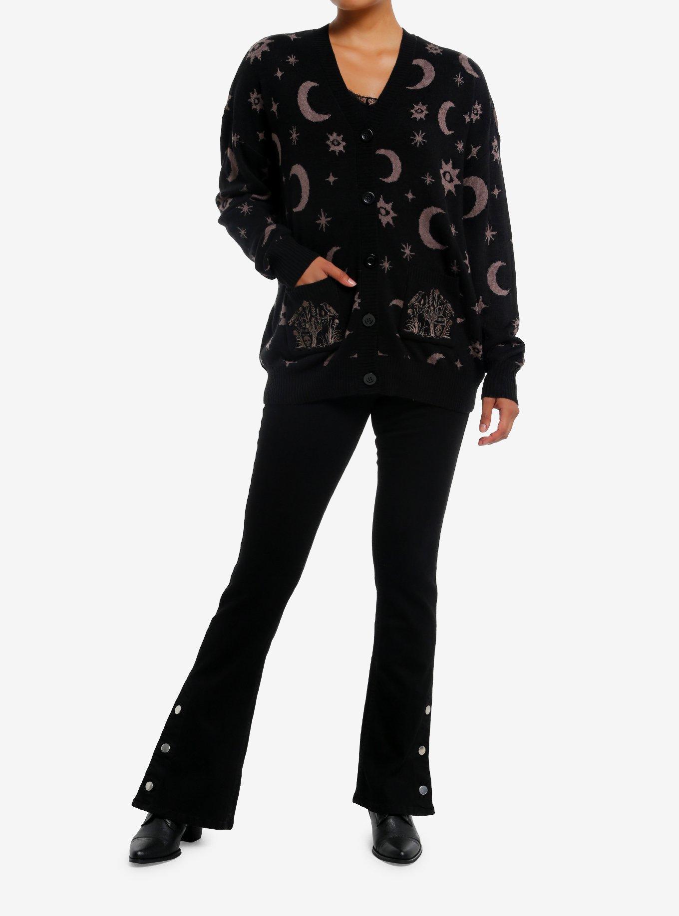 Cosmic Aura Crescent Moon Embroidered Pocket Girls Cardigan, , hi-res