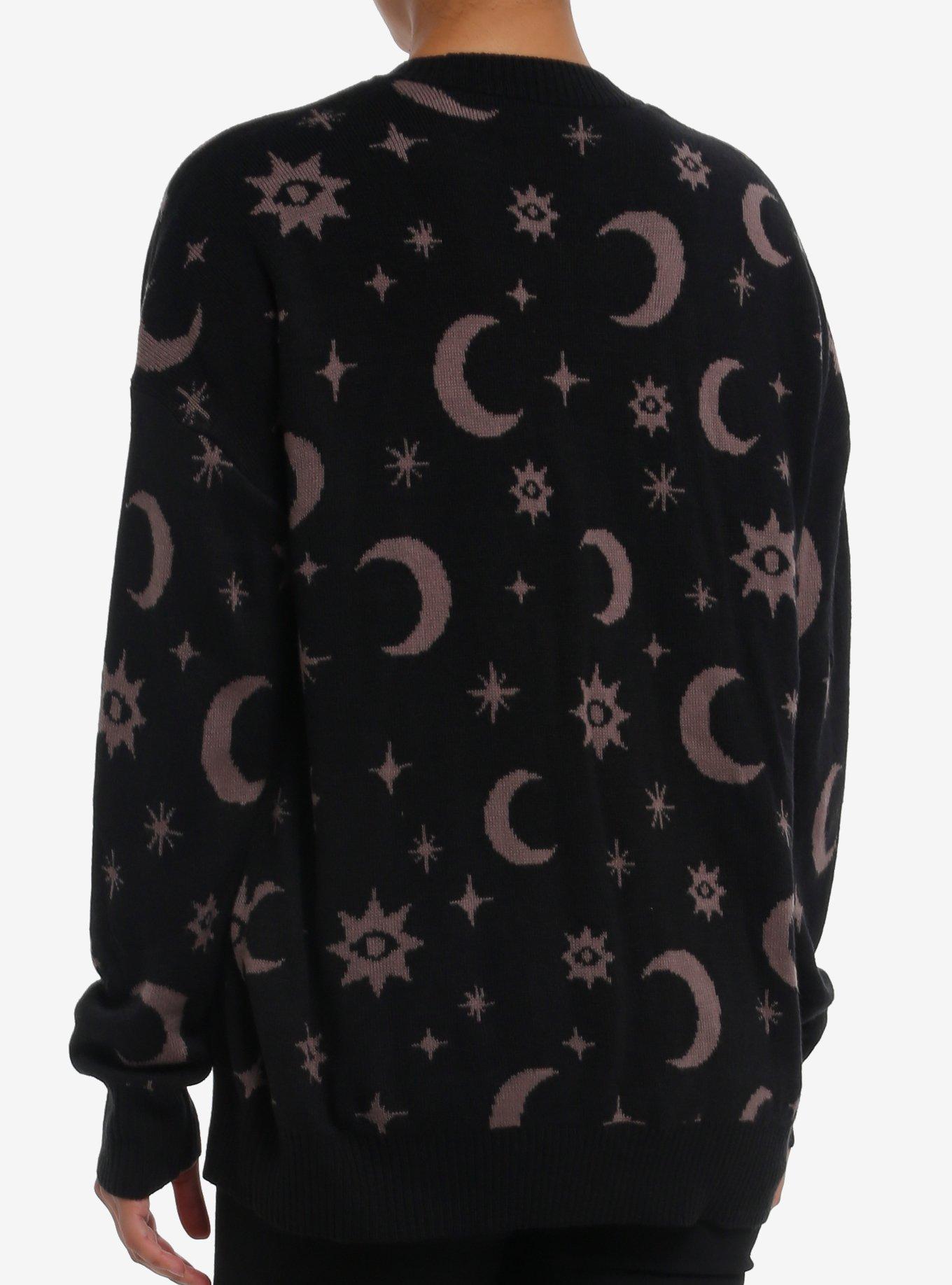 Cosmic Aura Crescent Moon Embroidered Pocket Girls Cardigan, BROWN, alternate