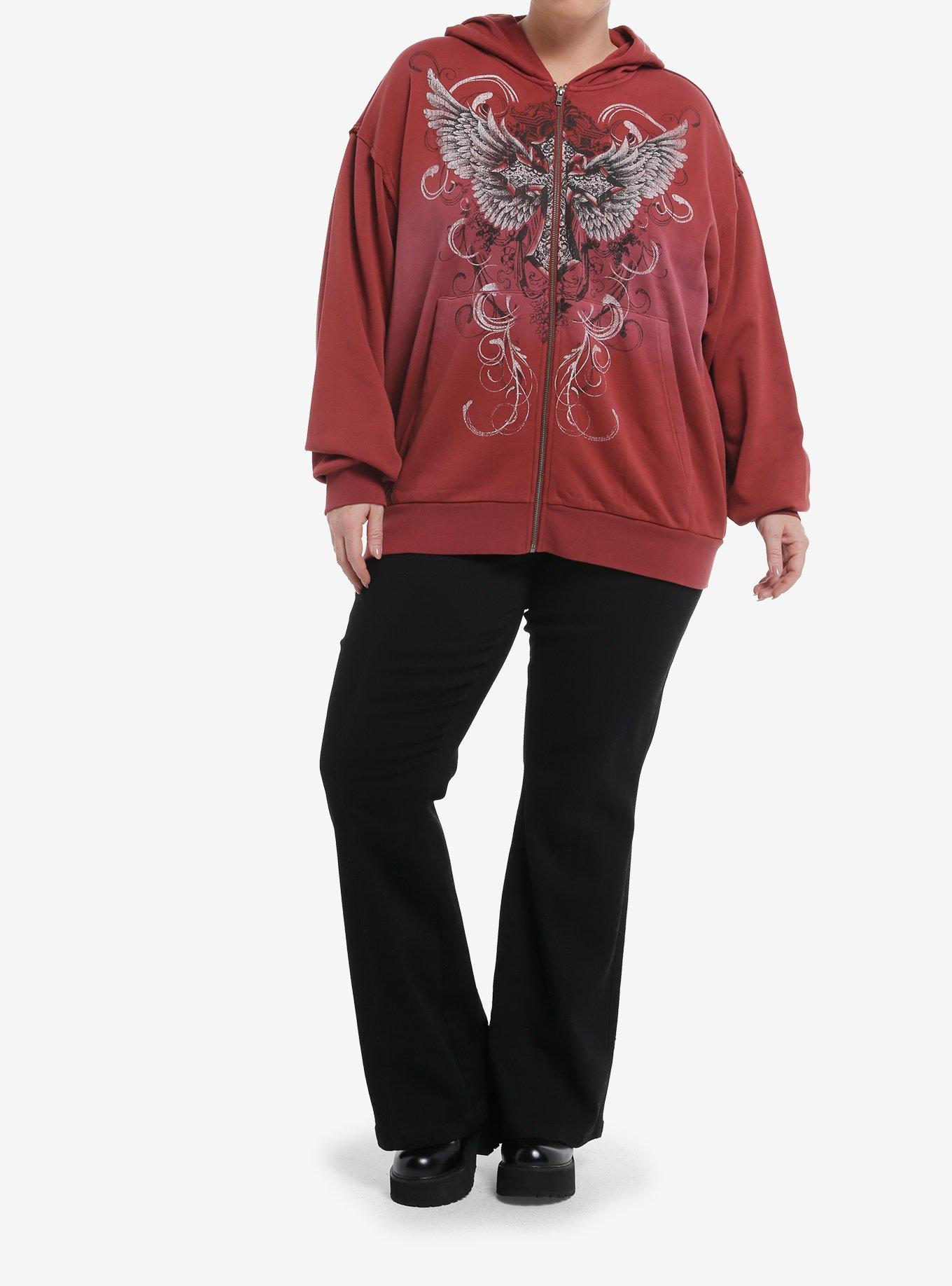 Winged Cross Washed Red Girls Hoodie Plus Size, , hi-res