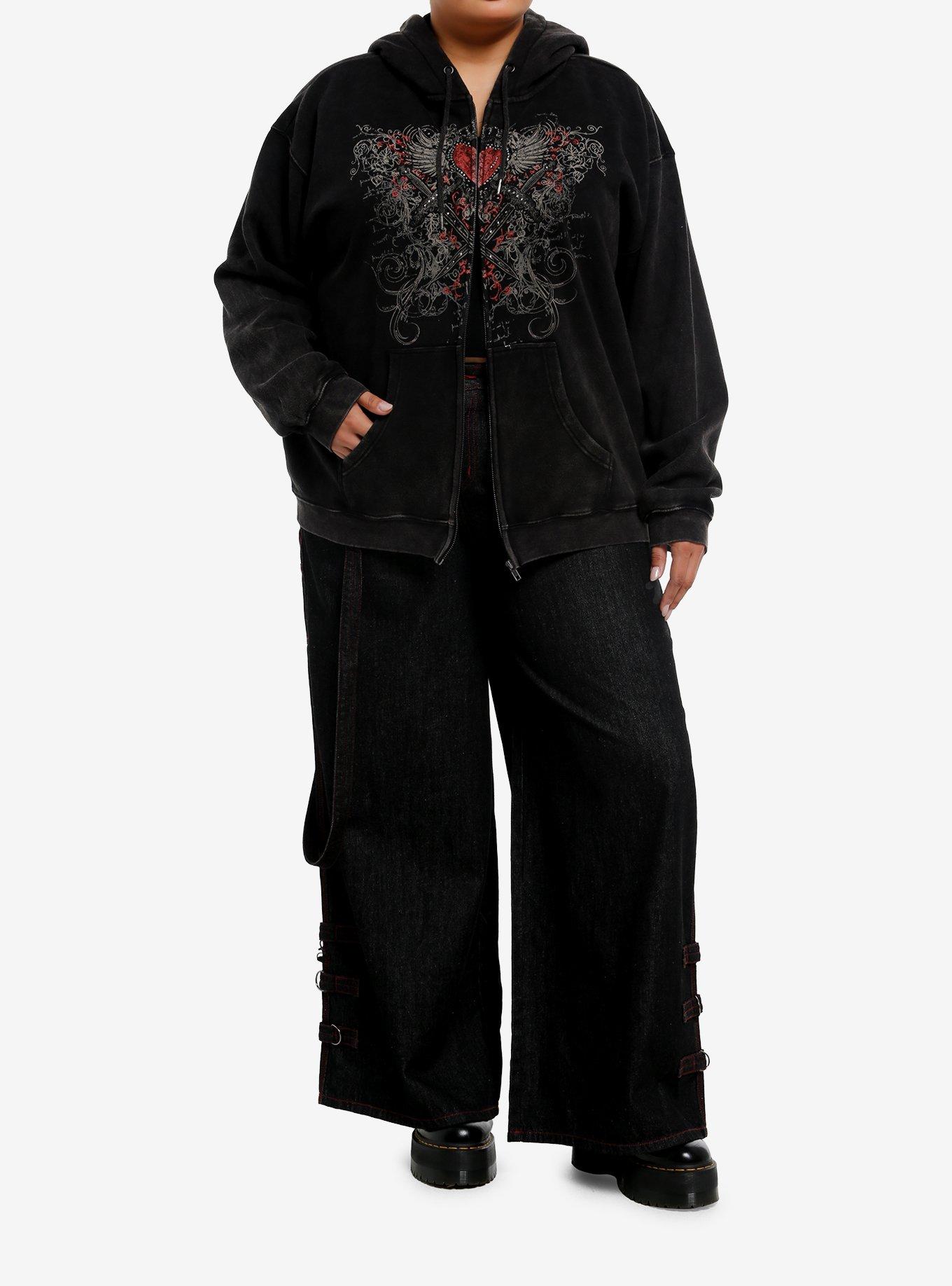 Winged Heart And Dagger Washed Girls Hoodie Plus Size, , hi-res