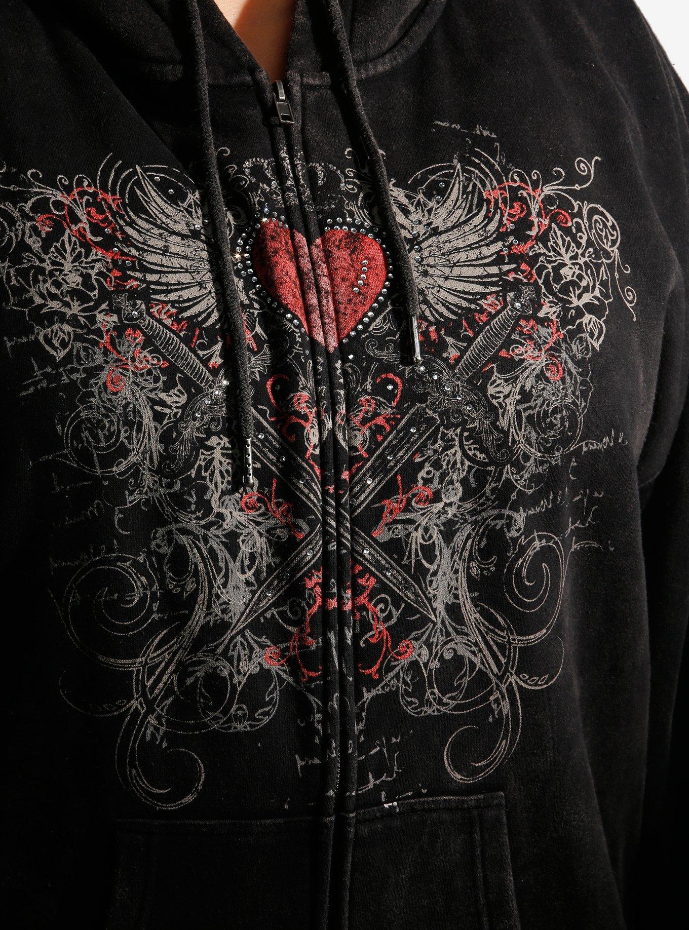 Winged Heart And Dagger Washed Girls Hoodie Plus Size, RED, alternate