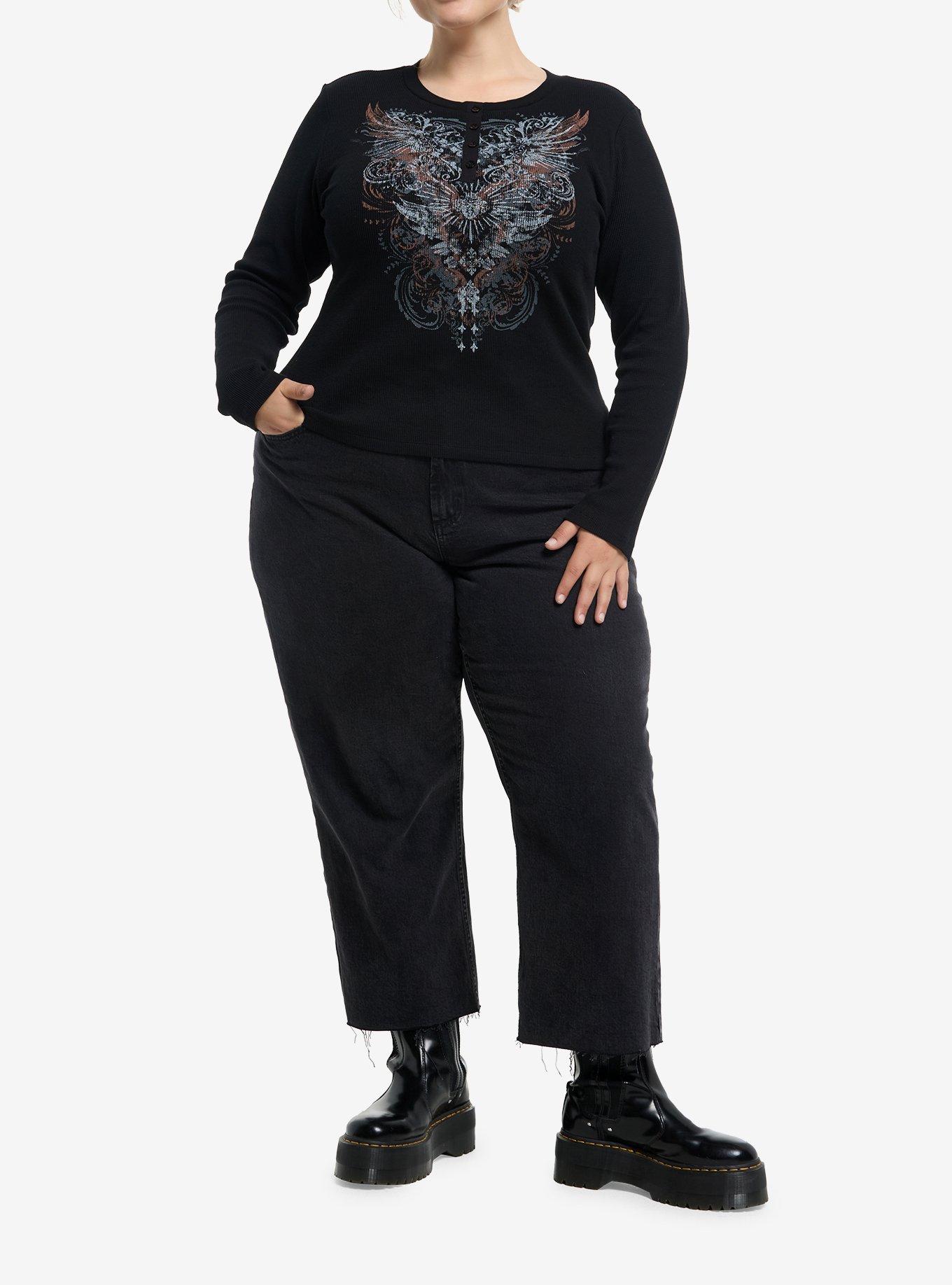 Wings & Filigree Girls Long-Sleeve Thermal Top Plus Size, BLACK, alternate