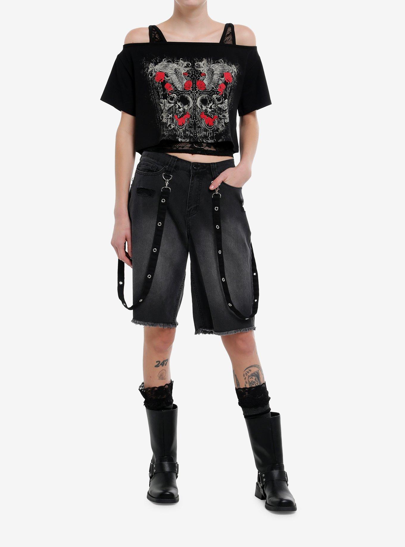 Winged Cross Black Lace Tank Girls Twofer Off-Shoulder Top, , hi-res