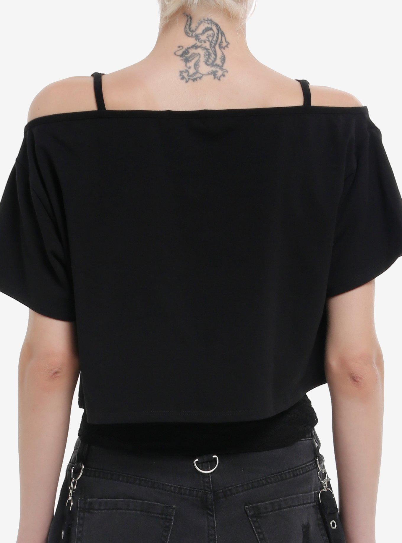 Winged Cross Black Lace Tank Girls Twofer Off-Shoulder Top, RED, alternate