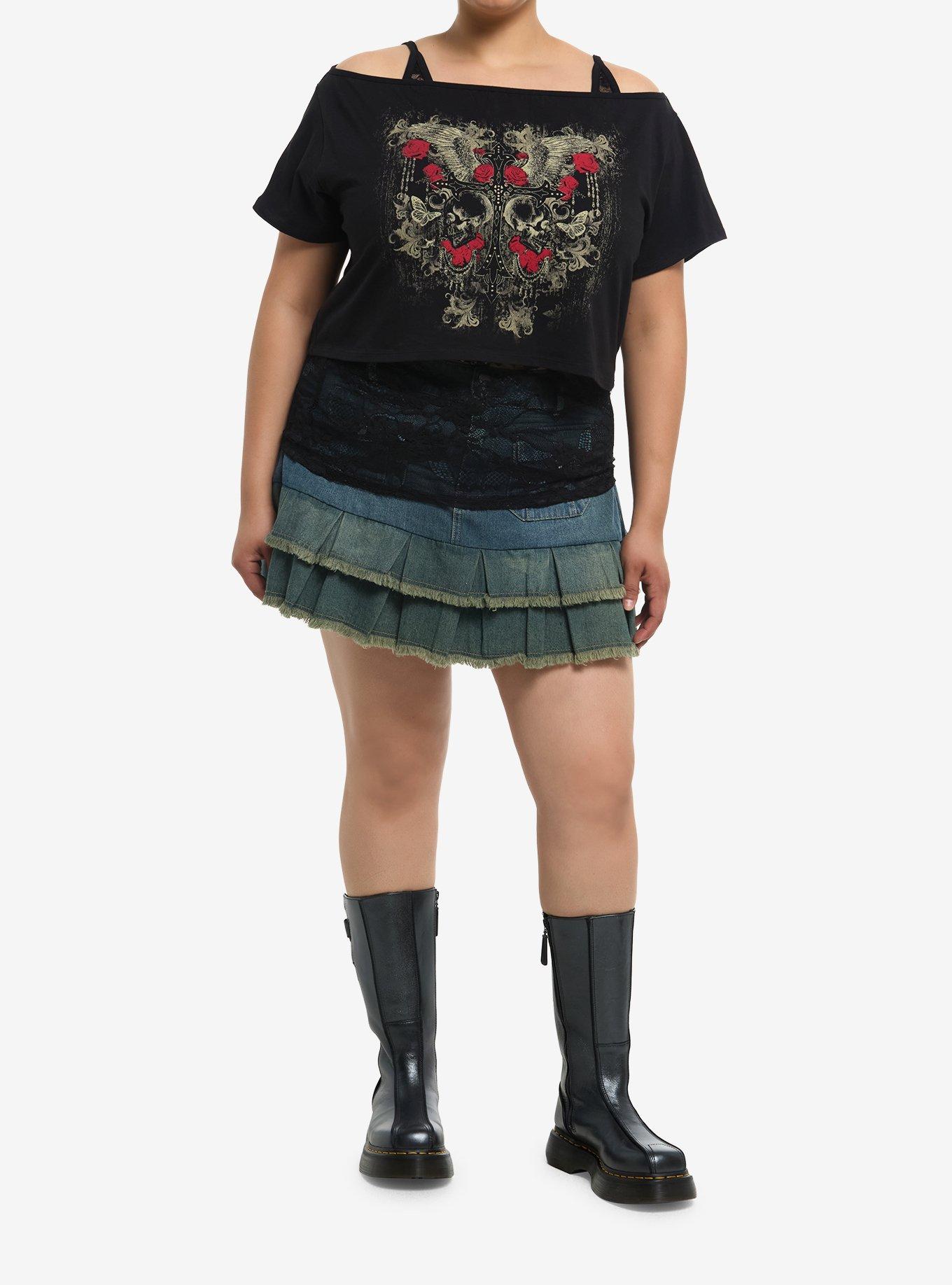 Winged Cross Black Lace Tank Girls Twofer Off-Shoulder Top Plus Size, , hi-res