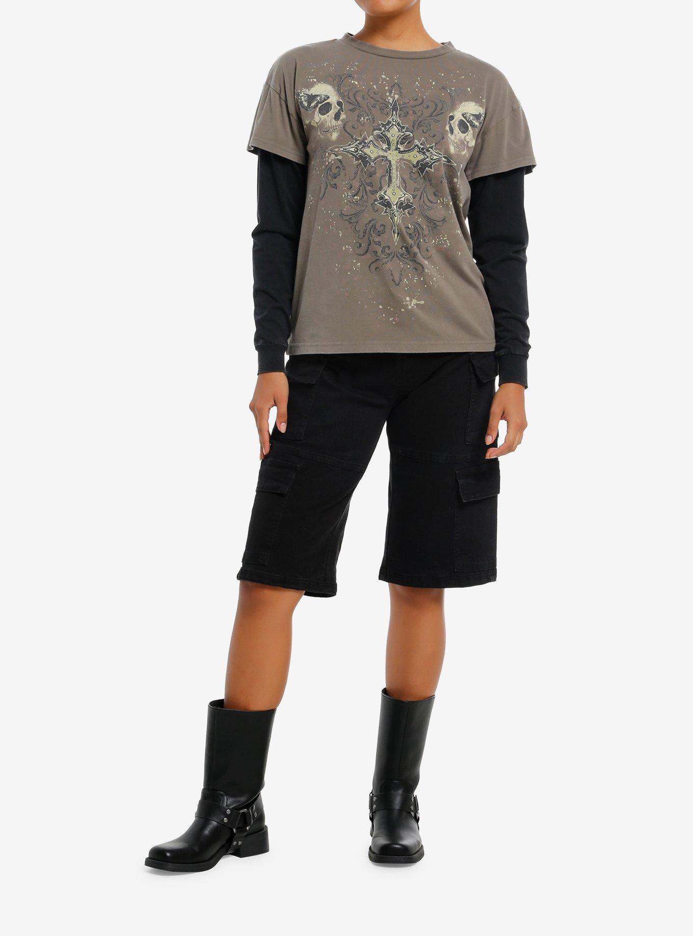 Grunge Skull Cross Mineral Wash Girls Long-Sleeve Twofer, , hi-res