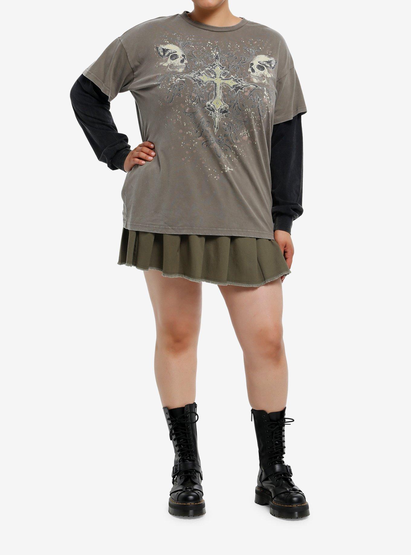 Grunge Skull Cross Mineral Wash Girls Long-Sleeve Twofer Plus Size, GREEN, alternate